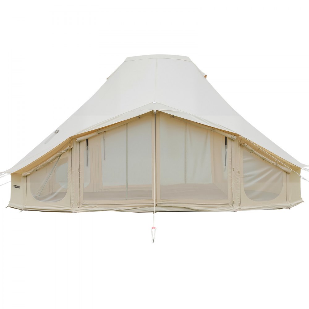 VEVOR Tienda de Campaña Grande para 10-12 Personas, 6 x 4 x 3,1 m, Carpa de Polialgodón, con Cubierta de Lluvia Salida de Humos para la Estufa Doble Puerta, para Glamping Camping Festivales, Beige