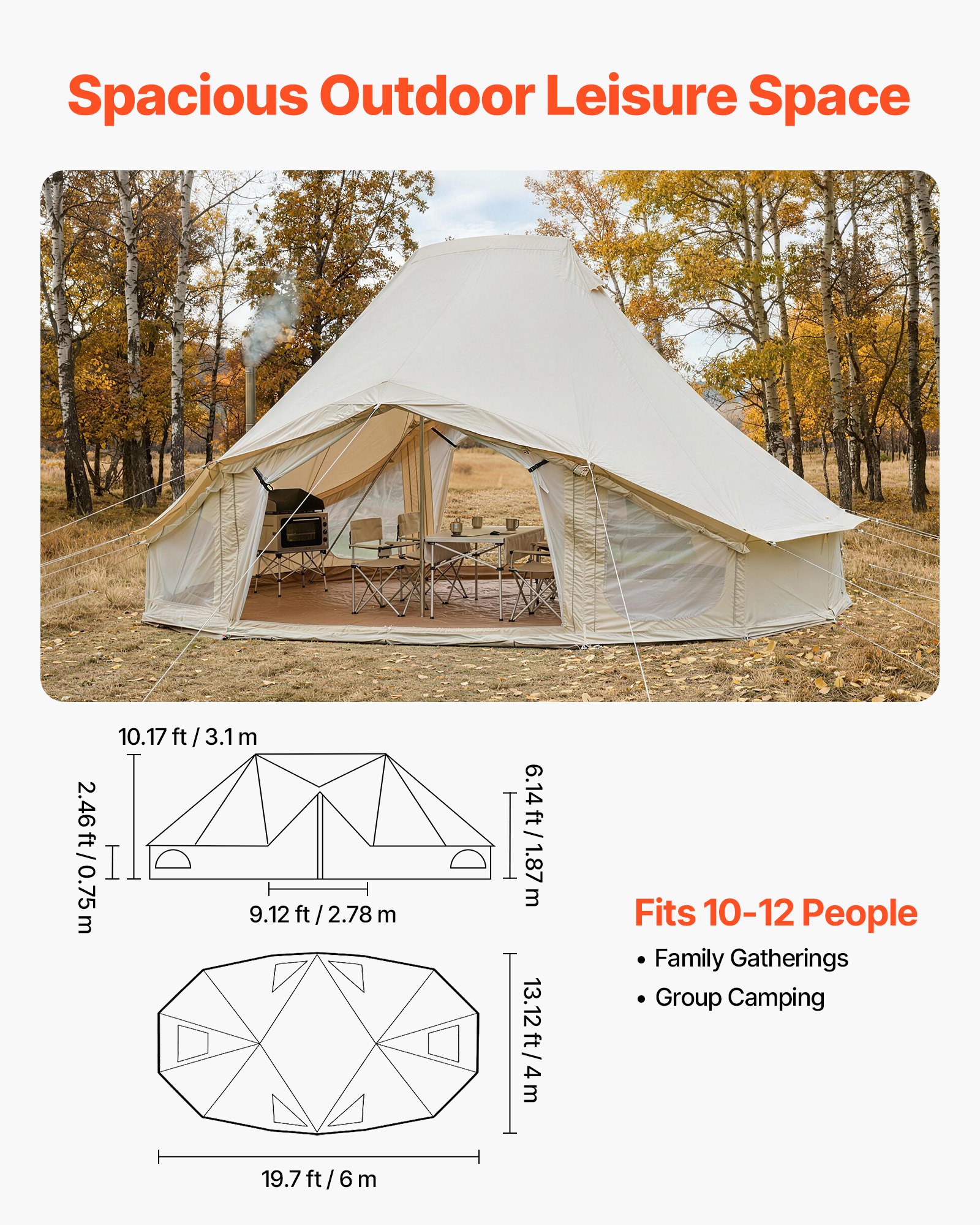 VEVOR Tienda de Campaña Grande para 10-12 Personas, 6 x 4 x 3,1 m, Carpa de Polialgodón, con Cubierta de Lluvia Salida de Humos para la Estufa Doble Puerta, para Glamping Camping Festivales, Beige