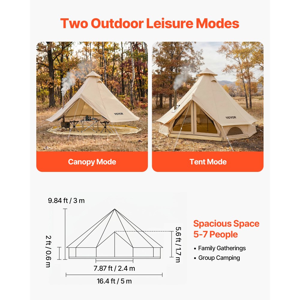 VEVOR Tienda de Campaña para 5-7 Personas, Carpa Yurta de Tela Oxford, Tienda de Campaña Impermeable, con Suelo Desmontable con Cremallera Salida de Humos, para Glamping Camping Outdoor Fiestas, Beige