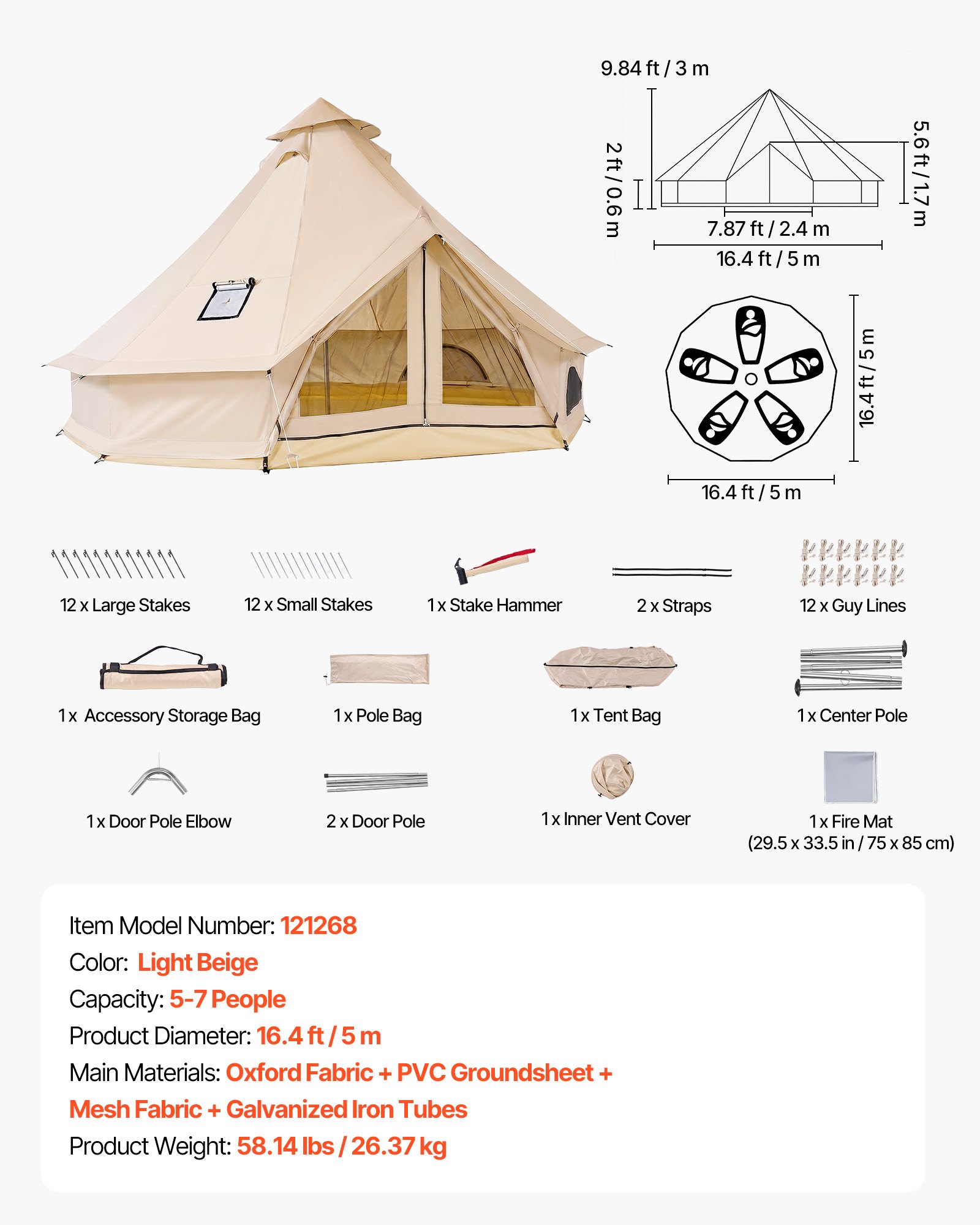 VEVOR Tienda de Campaña para 5-7 Personas, Carpa Yurta de Tela Oxford, Tienda de Campaña Impermeable, con Suelo Desmontable con Cremallera Salida de Humos, para Glamping Camping Outdoor Fiestas, Beige