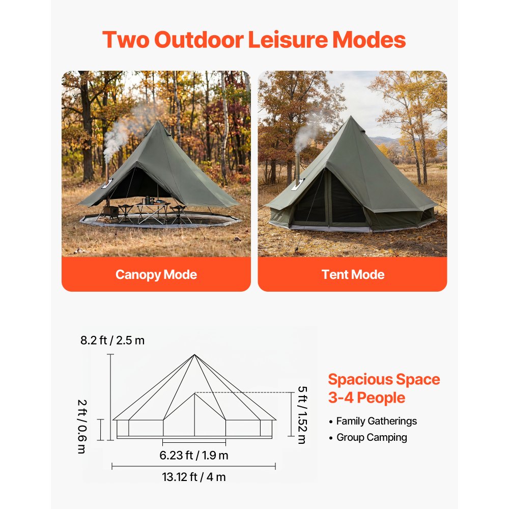 VEVOR Tienda de Campaña para 3-4 Personas, Carpa Yurta de Tela Transpirable, con Salida de Humo Ventanas de Ventilación Suelo Desmontable con Cremallera, para Glamping Acampar Festivales Reuniones