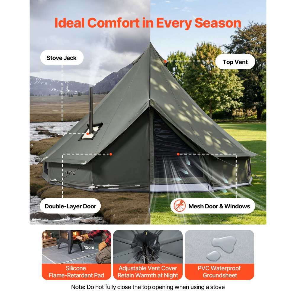 VEVOR Tienda de Campaña para 3-4 Personas, Carpa Yurta de Tela Transpirable, con Salida de Humo Ventanas de Ventilación Suelo Desmontable con Cremallera, para Glamping Acampar Festivales Reuniones