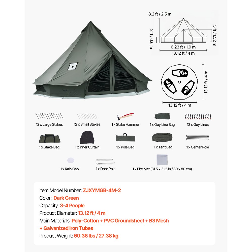 VEVOR Tienda de Campaña para 3-4 Personas, Carpa Yurta de Tela Transpirable, con Salida de Humo Ventanas de Ventilación Suelo Desmontable con Cremallera, para Glamping Acampar Festivales Reuniones