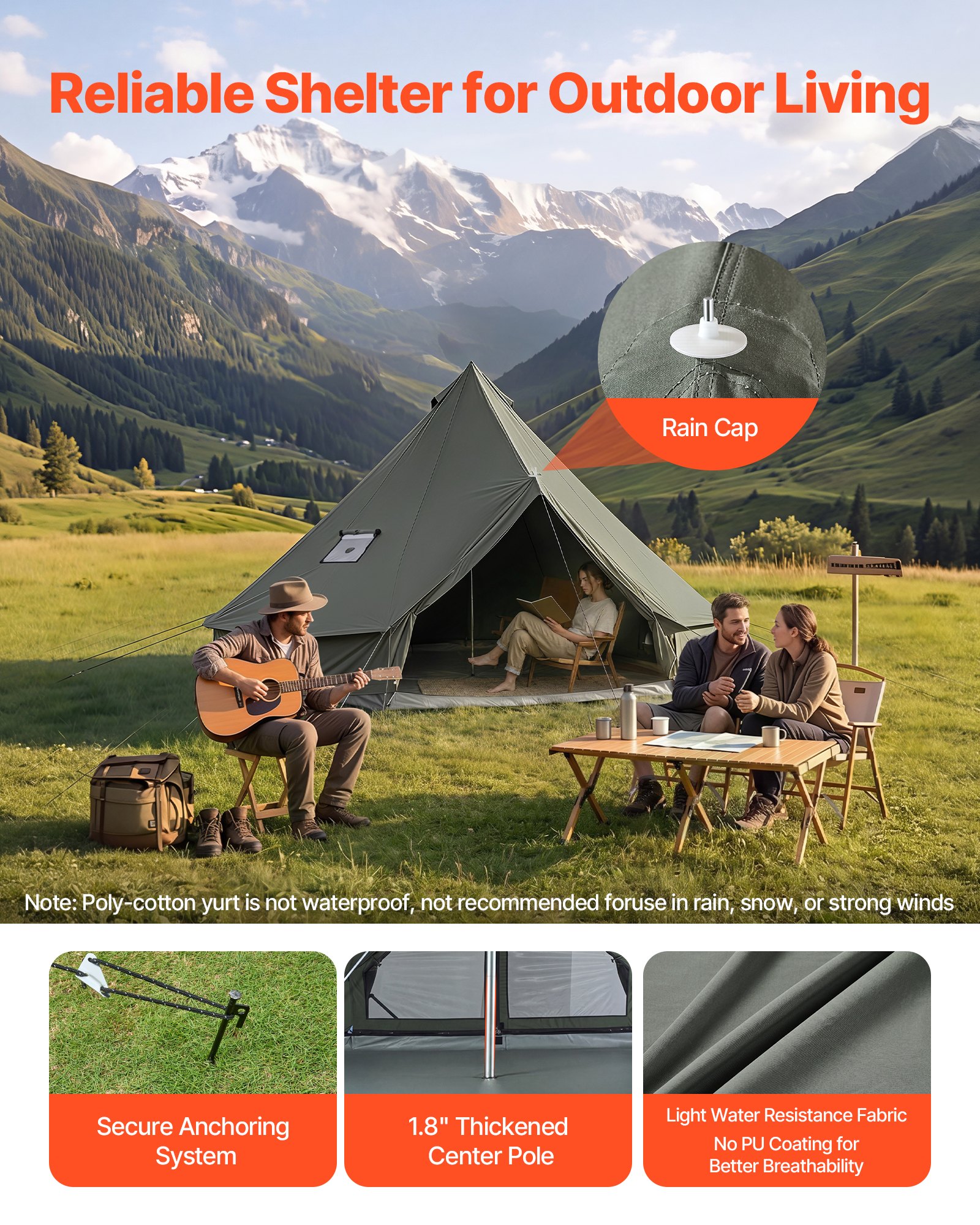 VEVOR Tienda de Campaña para 3-4 Personas, Carpa Yurta de Tela Transpirable, con Salida de Humo Ventanas de Ventilación Suelo Desmontable con Cremallera, para Glamping Acampar Festivales Reuniones