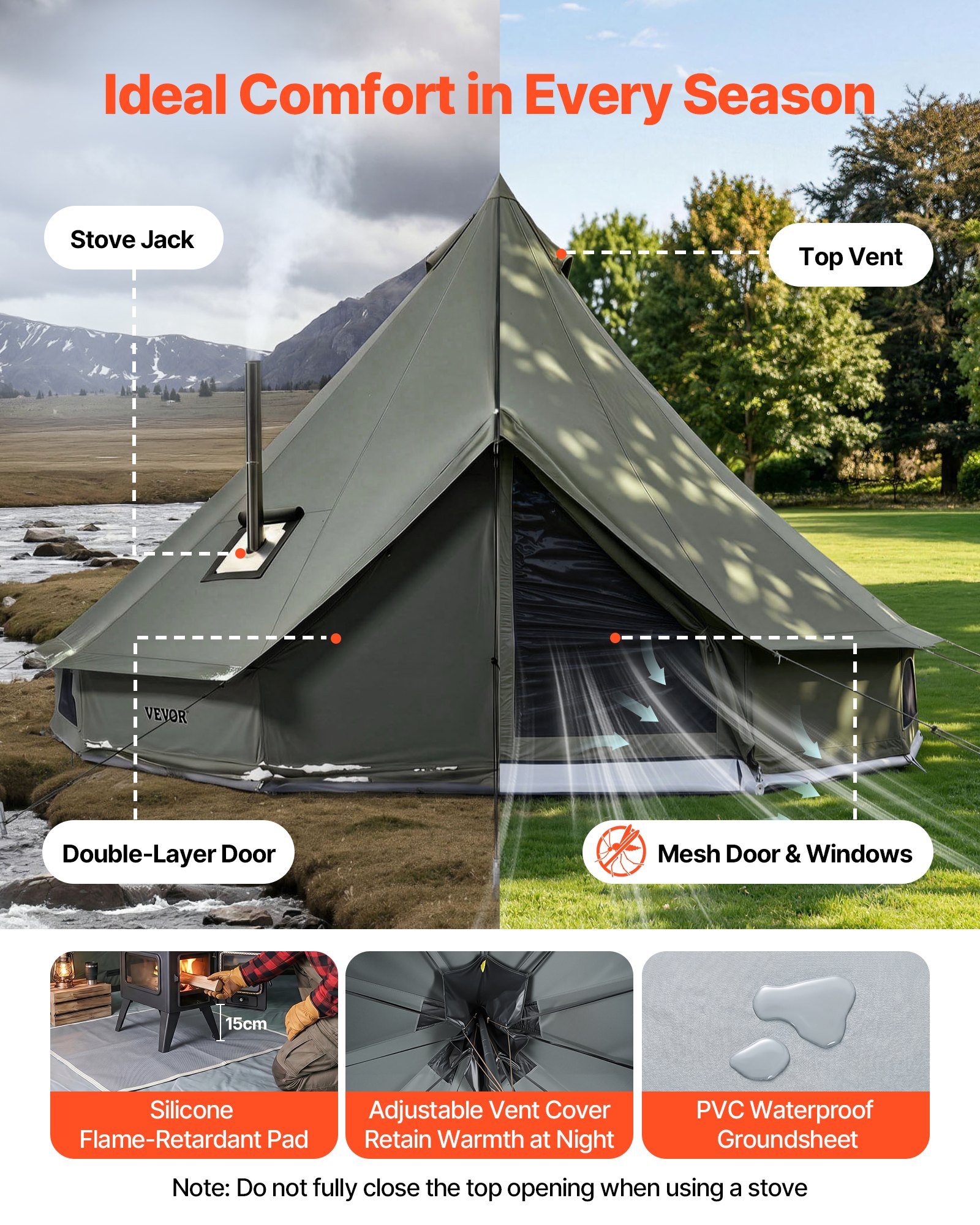 VEVOR Tienda de Campaña para 3-4 Personas, Carpa Yurta de Tela Transpirable, con Salida de Humo Ventanas de Ventilación Suelo Desmontable con Cremallera, para Glamping Acampar Festivales Reuniones