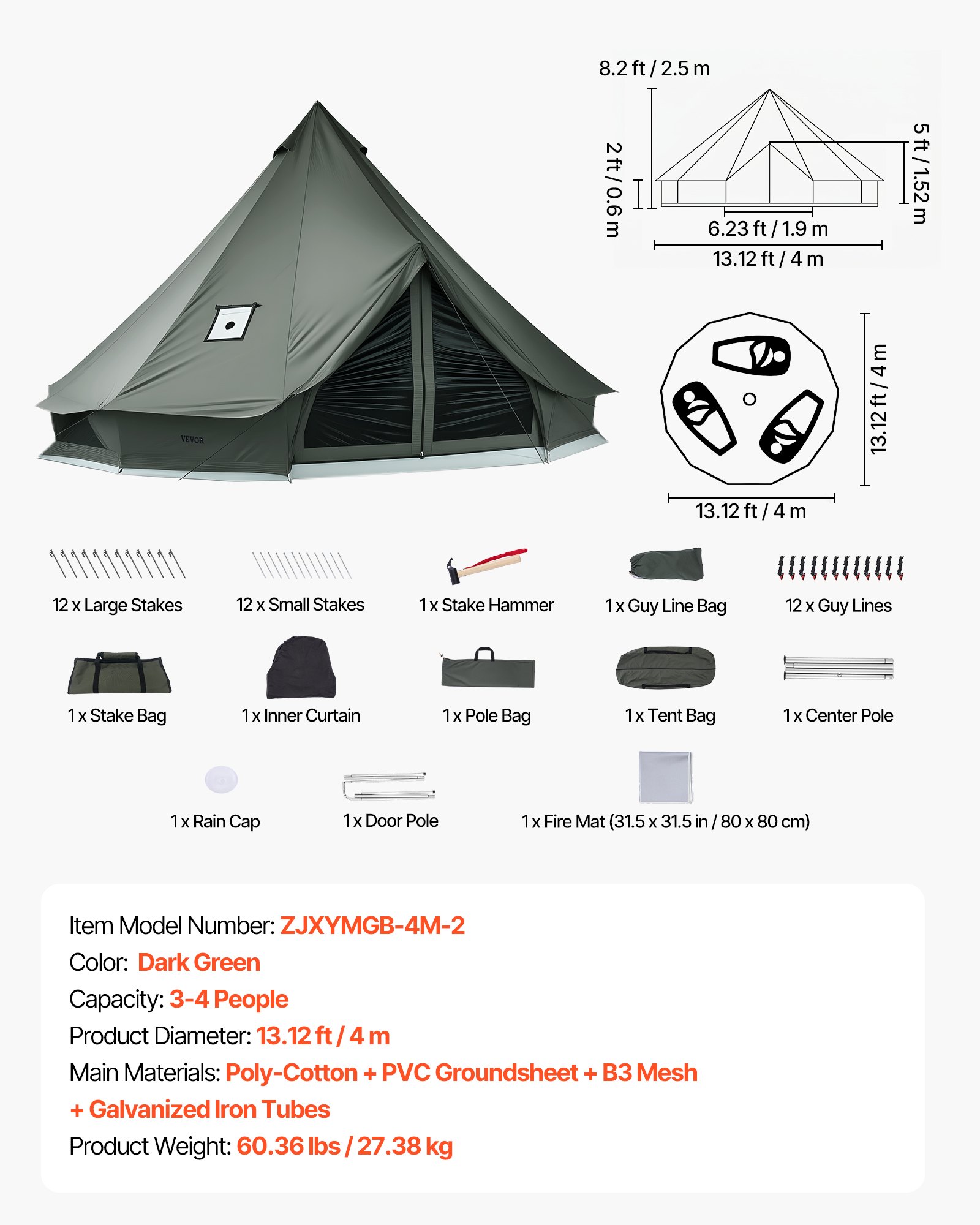 VEVOR Tienda de Campaña para 3-4 Personas, Carpa Yurta de Tela Transpirable, con Salida de Humo Ventanas de Ventilación Suelo Desmontable con Cremallera, para Glamping Acampar Festivales Reuniones