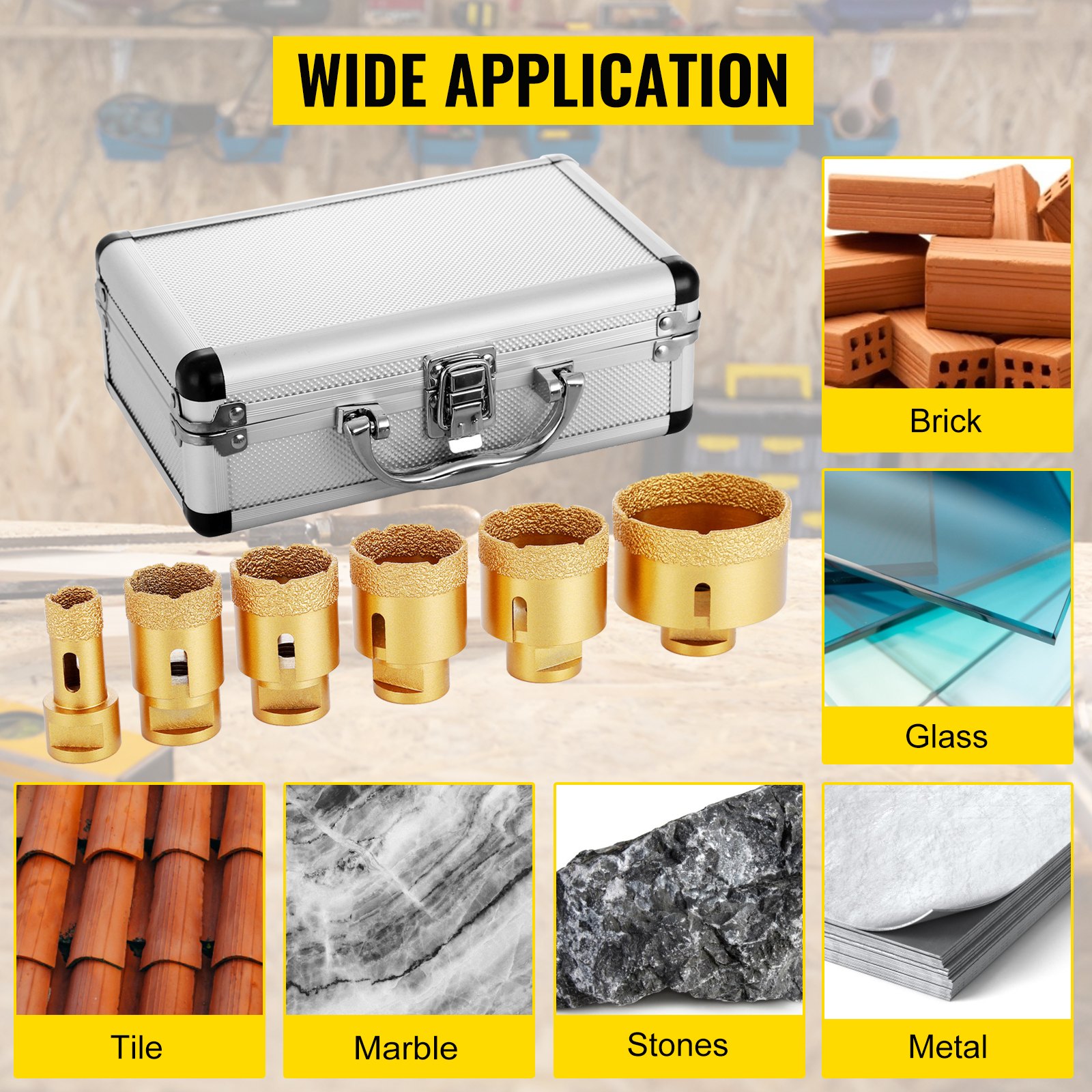 Mophorn Diamond Hole Saw 6 PCS 20/35/40/45/50/68mm Diamond Drill Bit Set M14 0.8/1.4/1.6/1.8/2/2.7 inch for Granite, Porcelain Stoneware and Tiles, Gold