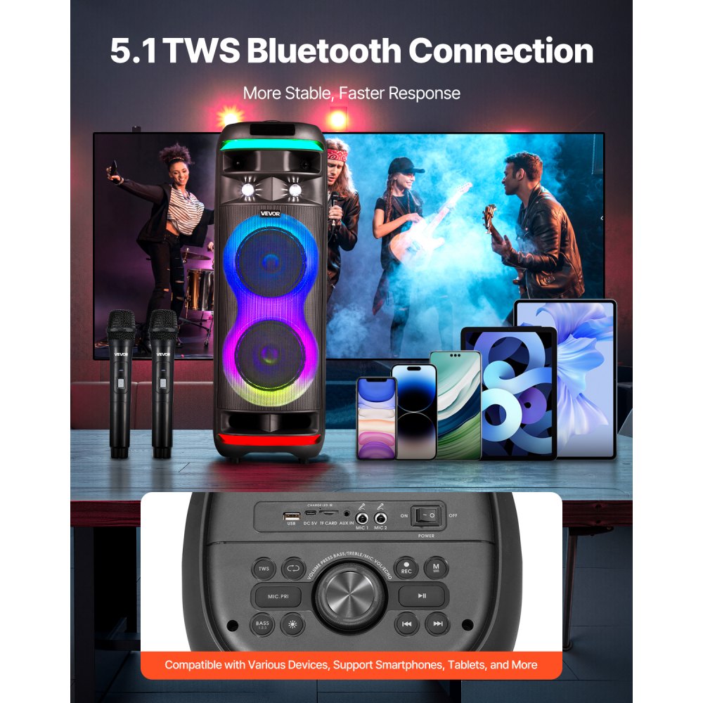 VEVOR Máquina de Karaoke para Adultos, 80 W Altavoz Bluetooth Portátil de 203,2 mm con 2 Micrófonos Inalámbricos, Luz LED, Función TWS, Ruedas Giratorias Compatible con Tarjeta Micro TF, USB, AUX