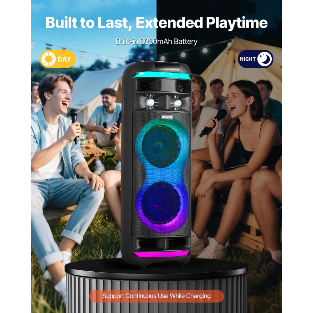 VEVOR Máquina de Karaoke para Adultos, 80 W Altavoz Bluetooth Portátil de 203,2 mm con 2 Micrófonos Inalámbricos, Luz LED, Función TWS, Ruedas Giratorias Compatible con Tarjeta Micro TF, USB, AUX