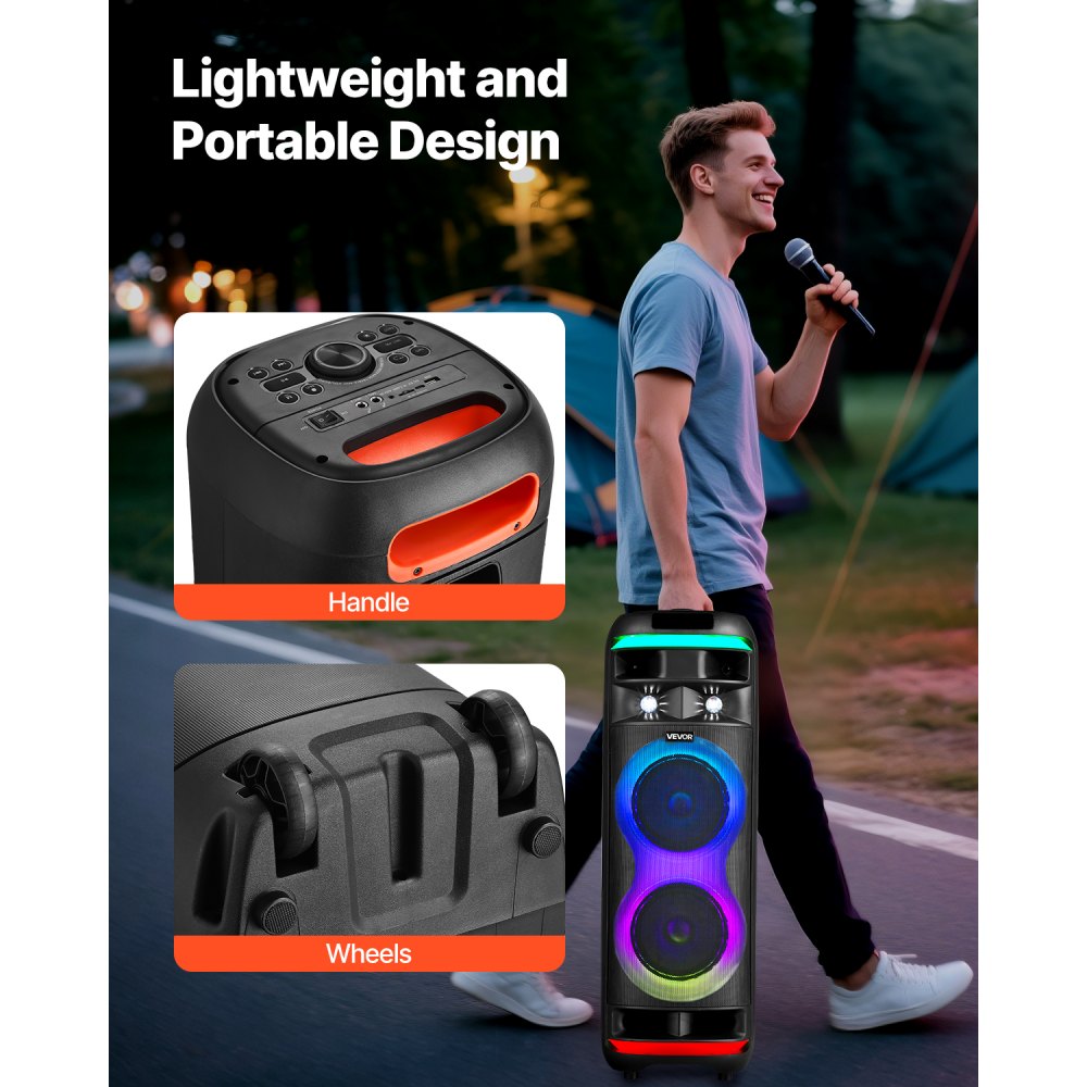 VEVOR Máquina de Karaoke para Adultos, 80 W Altavoz Bluetooth Portátil de 203,2 mm con 2 Micrófonos Inalámbricos, Luz LED, Función TWS, Ruedas Giratorias Compatible con Tarjeta Micro TF, USB, AUX