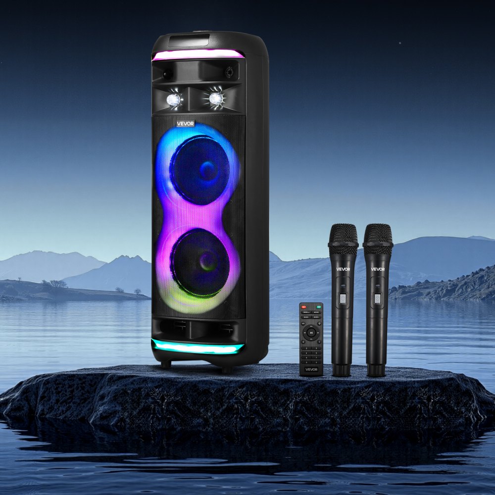 VEVOR Máquina de Karaoke para Adultos, 80 W Altavoz Bluetooth Portátil de 203,2 mm con 2 Micrófonos Inalámbricos, Luz LED, Función TWS, Ruedas Giratorias Compatible con Tarjeta Micro TF, USB, AUX