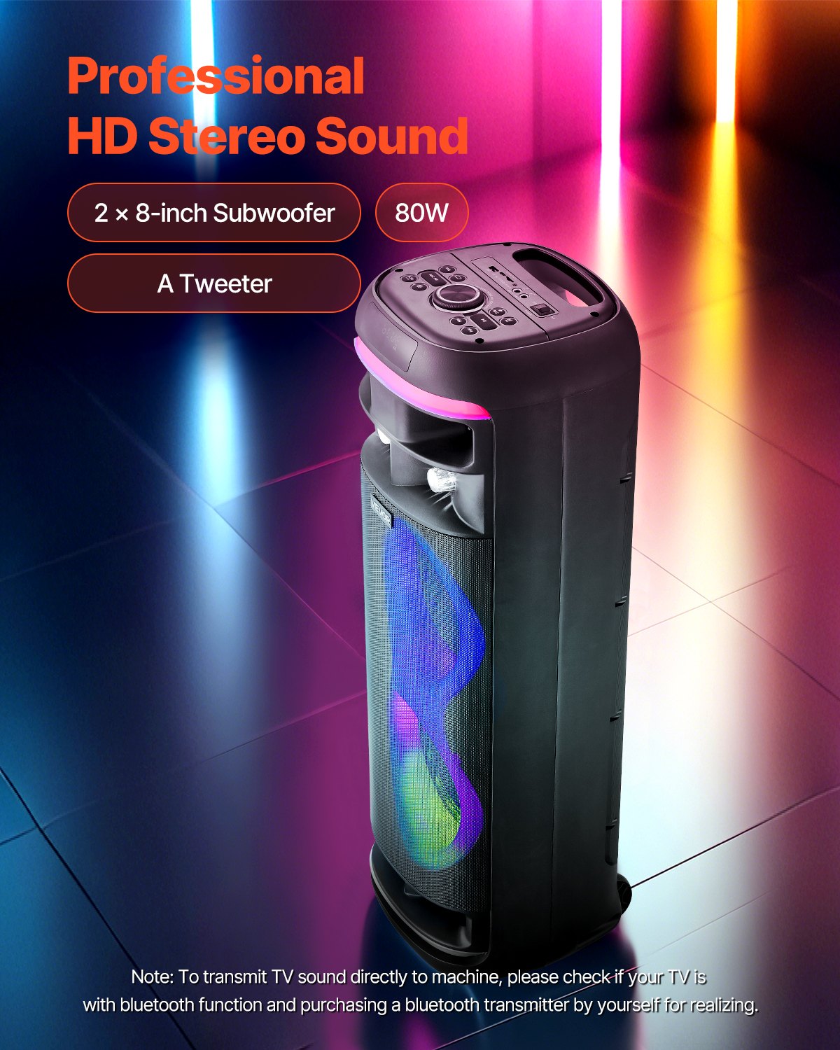 VEVOR Máquina de Karaoke para Adultos, 80 W Altavoz Bluetooth Portátil de 203,2 mm con 2 Micrófonos Inalámbricos, Luz LED, Función TWS, Ruedas Giratorias Compatible con Tarjeta Micro TF, USB, AUX