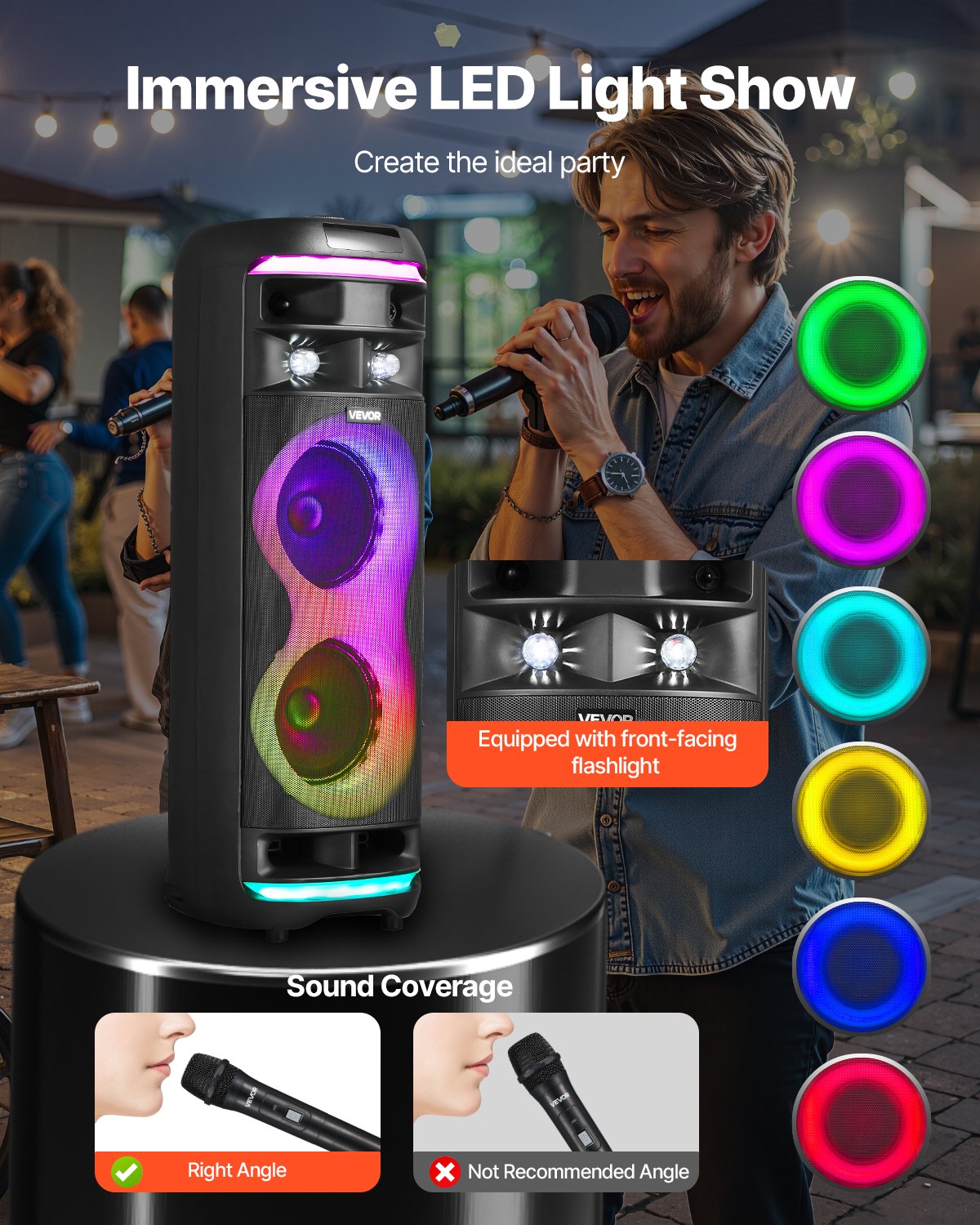 VEVOR Máquina de Karaoke para Adultos, 80 W Altavoz Bluetooth Portátil de 203,2 mm con 2 Micrófonos Inalámbricos, Luz LED, Función TWS, Ruedas Giratorias Compatible con Tarjeta Micro TF, USB, AUX