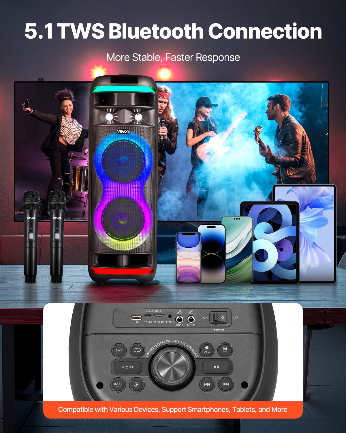 VEVOR Máquina de Karaoke para Adultos, 80 W Altavoz Bluetooth Portátil de 203,2 mm con 2 Micrófonos Inalámbricos, Luz LED, Función TWS, Ruedas Giratorias Compatible con Tarjeta Micro TF, USB, AUX