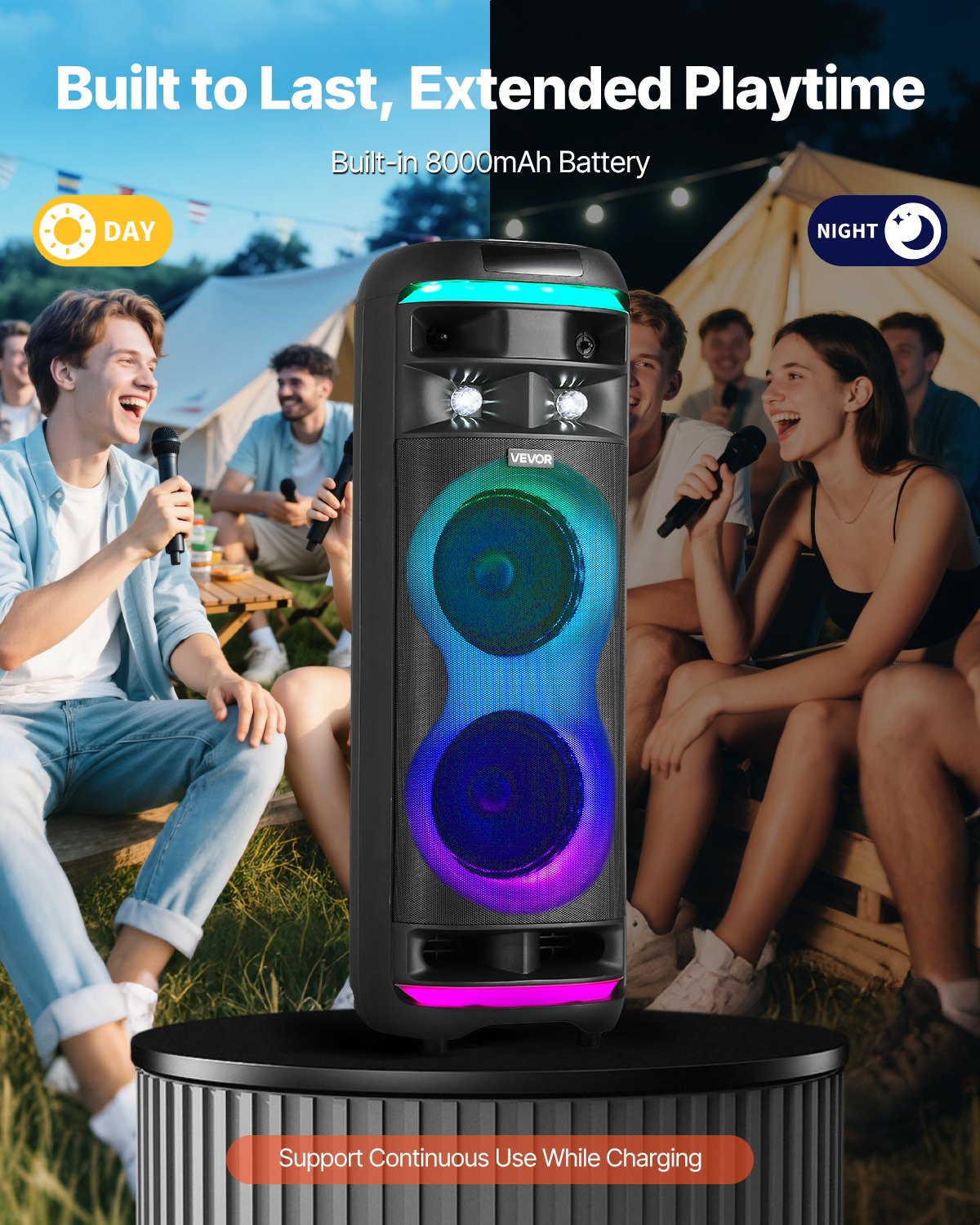 VEVOR Máquina de Karaoke para Adultos, 80 W Altavoz Bluetooth Portátil de 203,2 mm con 2 Micrófonos Inalámbricos, Luz LED, Función TWS, Ruedas Giratorias Compatible con Tarjeta Micro TF, USB, AUX