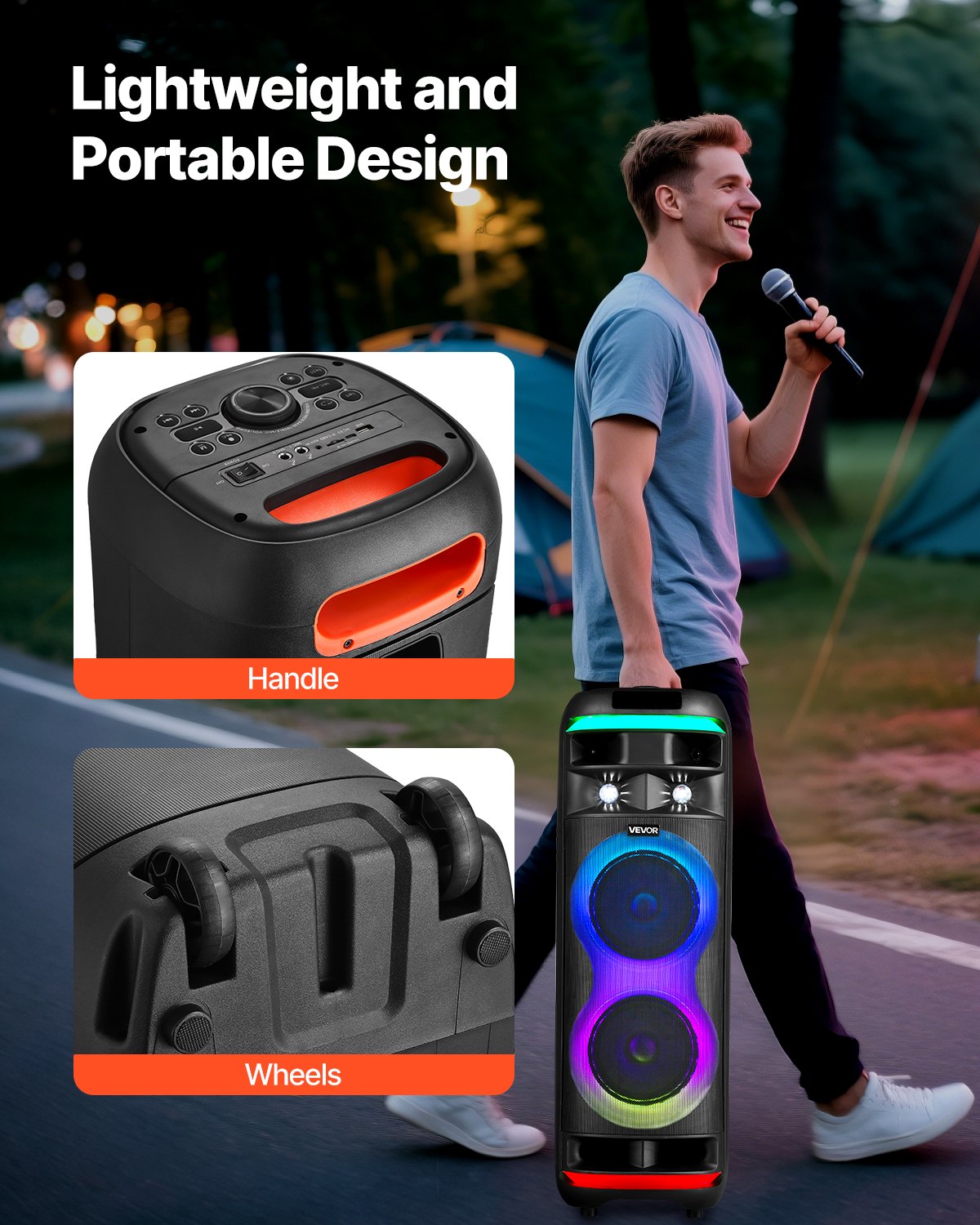 VEVOR Máquina de Karaoke para Adultos, 80 W Altavoz Bluetooth Portátil de 203,2 mm con 2 Micrófonos Inalámbricos, Luz LED, Función TWS, Ruedas Giratorias Compatible con Tarjeta Micro TF, USB, AUX