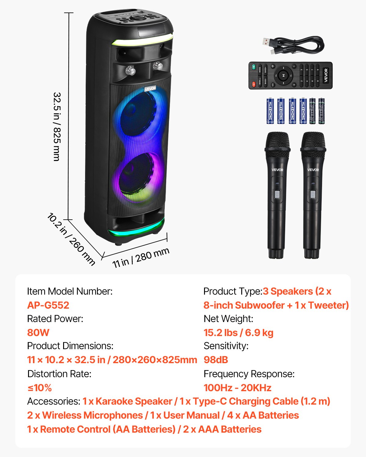 VEVOR Máquina de Karaoke para Adultos, 80 W Altavoz Bluetooth Portátil de 203,2 mm con 2 Micrófonos Inalámbricos, Luz LED, Función TWS, Ruedas Giratorias Compatible con Tarjeta Micro TF, USB, AUX