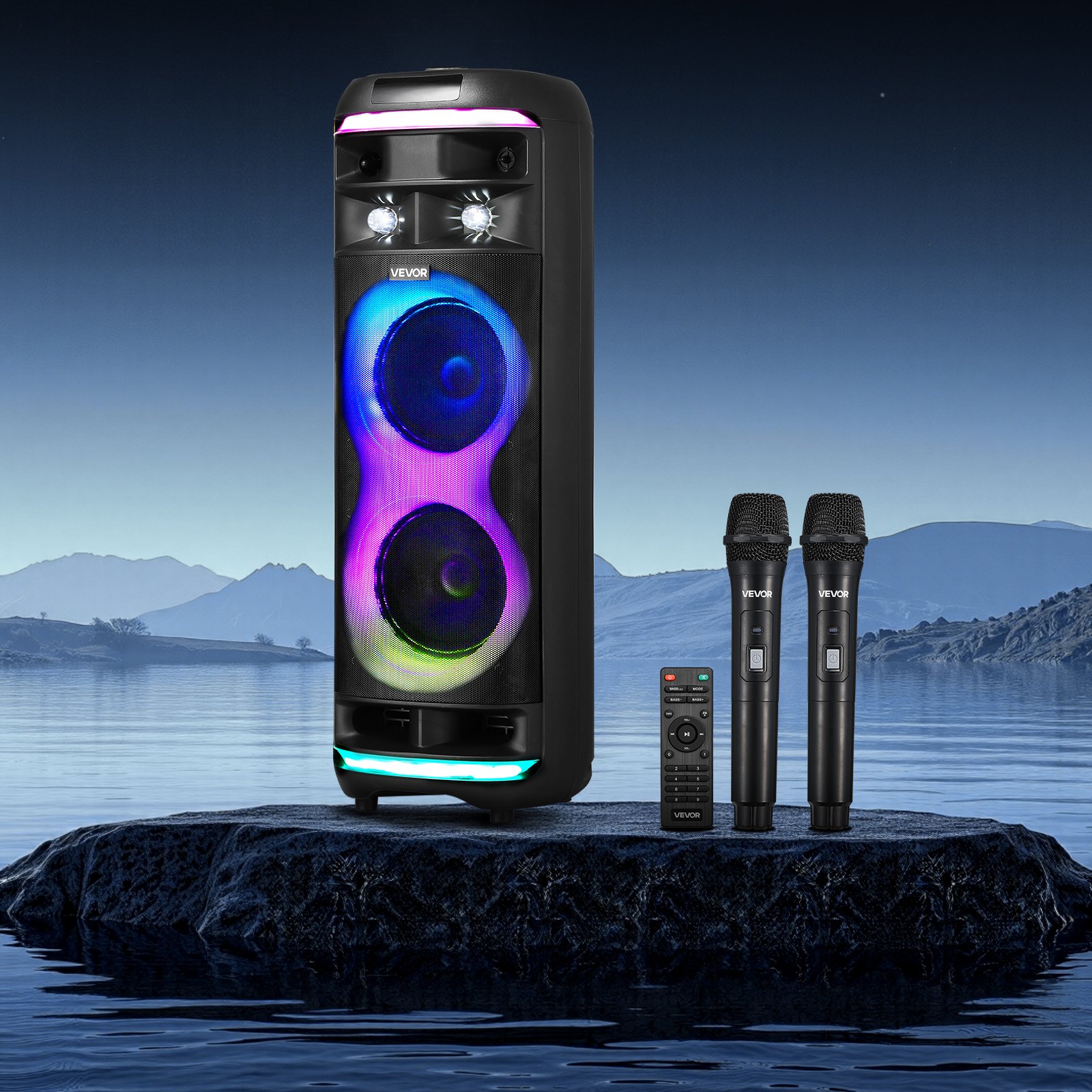 VEVOR Máquina de Karaoke para Adultos, 80 W Altavoz Bluetooth Portátil de 203,2 mm con 2 Micrófonos Inalámbricos, Luz LED, Función TWS, Ruedas Giratorias Compatible con Tarjeta Micro TF, USB, AUX