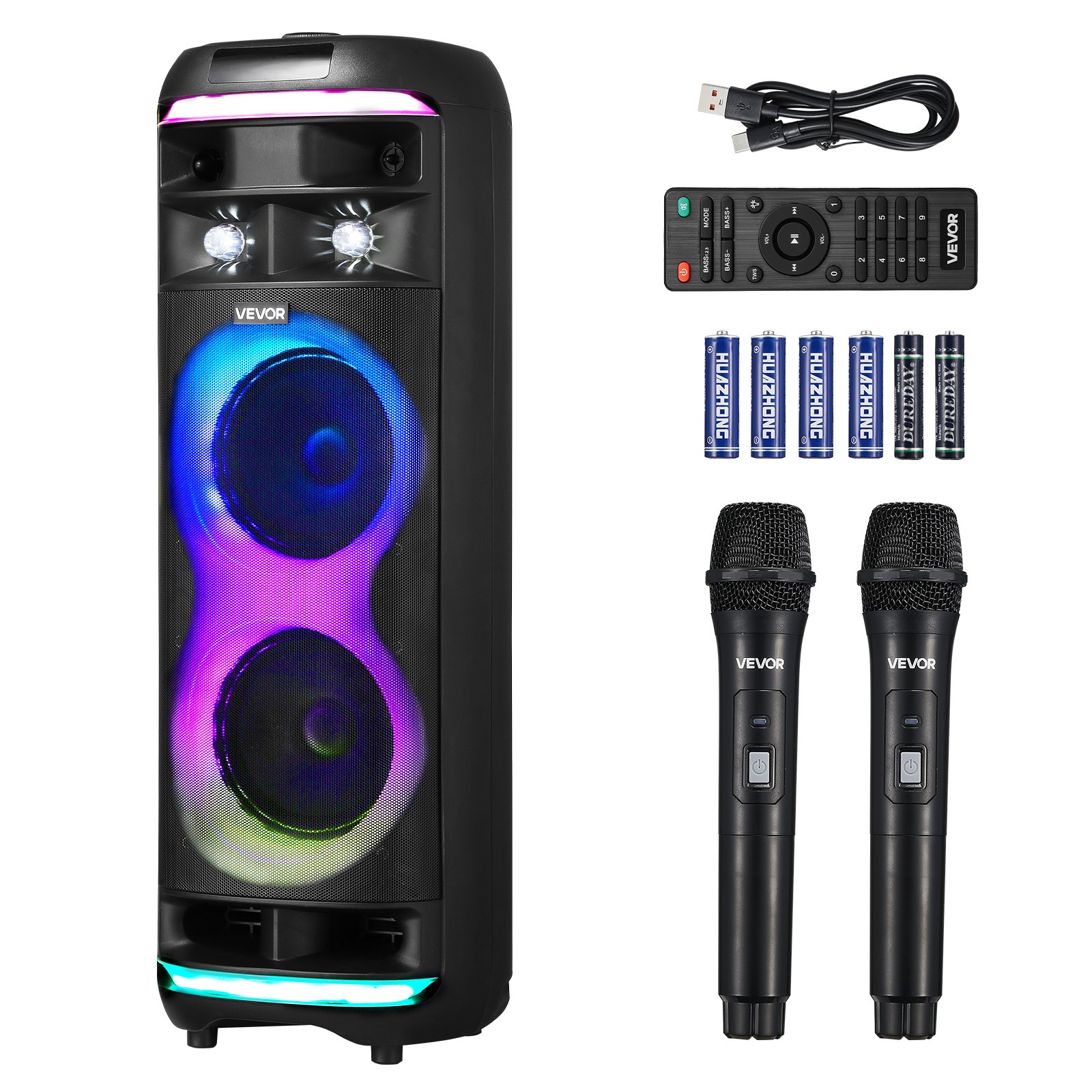 VEVOR Máquina de Karaoke para Adultos, 80 W Altavoz Bluetooth Portátil de 203,2 mm con 2 Micrófonos Inalámbricos, Luz LED, Función TWS, Ruedas Giratorias Compatible con Tarjeta Micro TF, USB, AUX