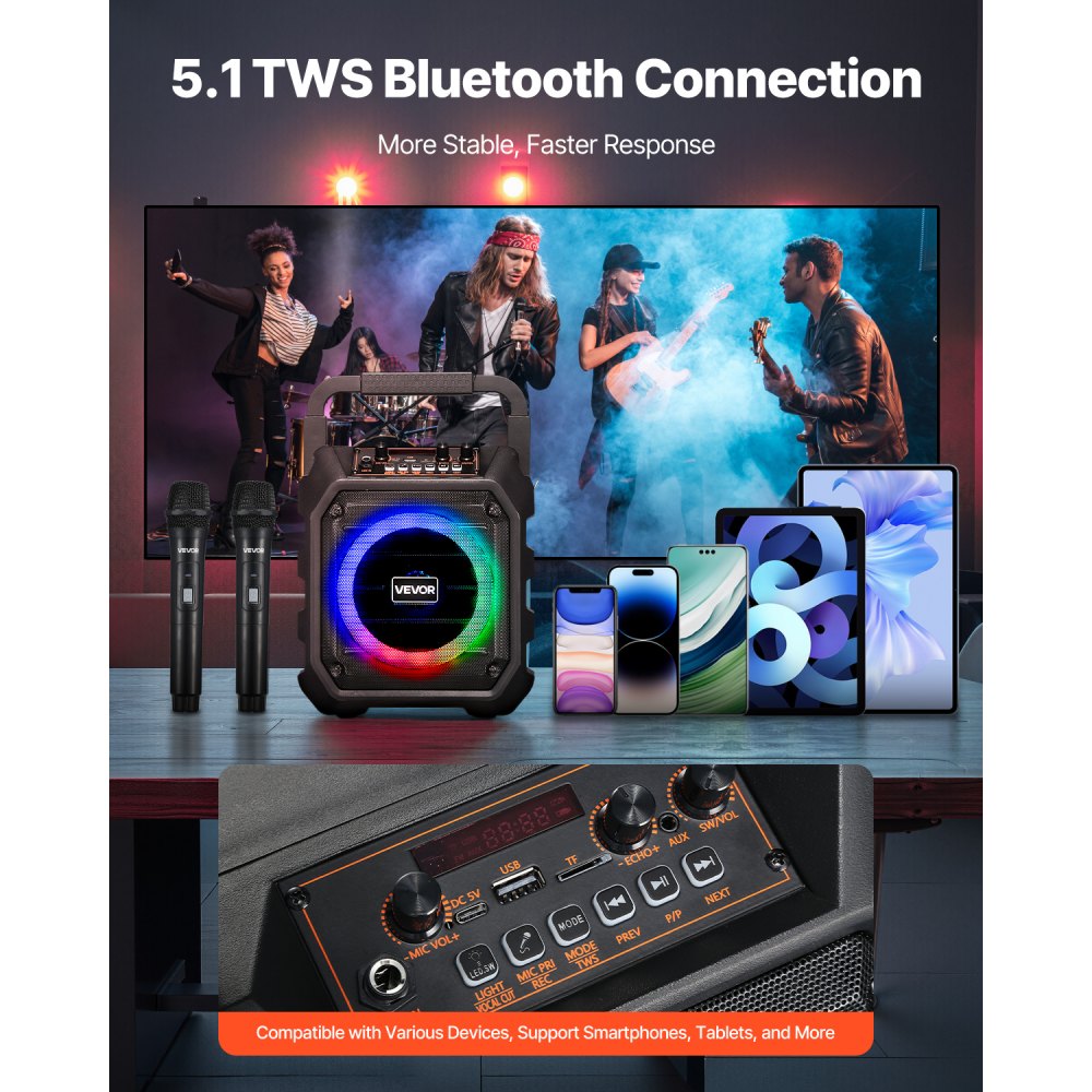 VEVOR Máquina de Karaoke para Adultos, 20 W Altavoz Bluetooth de 165,1 mm con 2 Micrófonos Inalámbricos, Luz LED, Función TWS, Asa, Correa para el hombro Compatible con Tarjeta Micro TF, USB, AUX