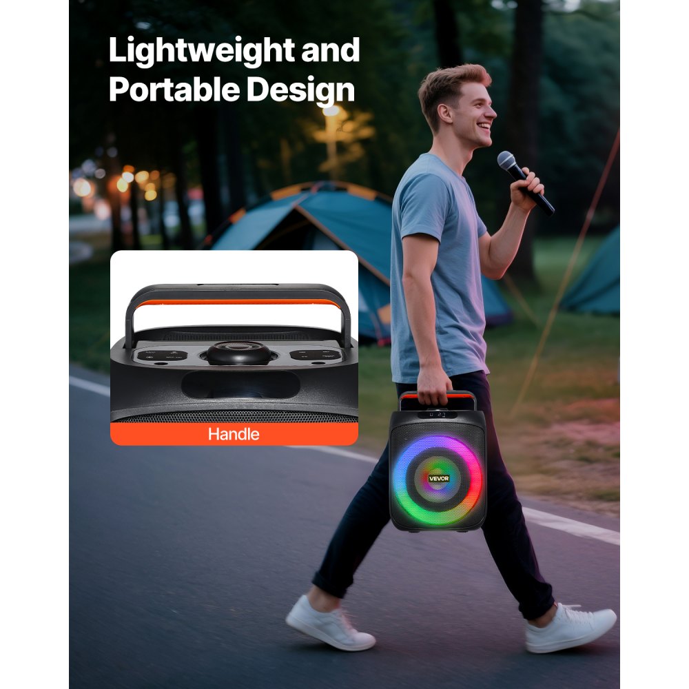 VEVOR Máquina de Karaoke para Adultos, 30 W Altavoz Bluetooth de 165,1 mm con 2 Micrófonos Inalámbricos, Luz LED, Función TWS, Asa, Compatible con Tarjeta Micro TF, USB, AUX para Karaoke en Casa