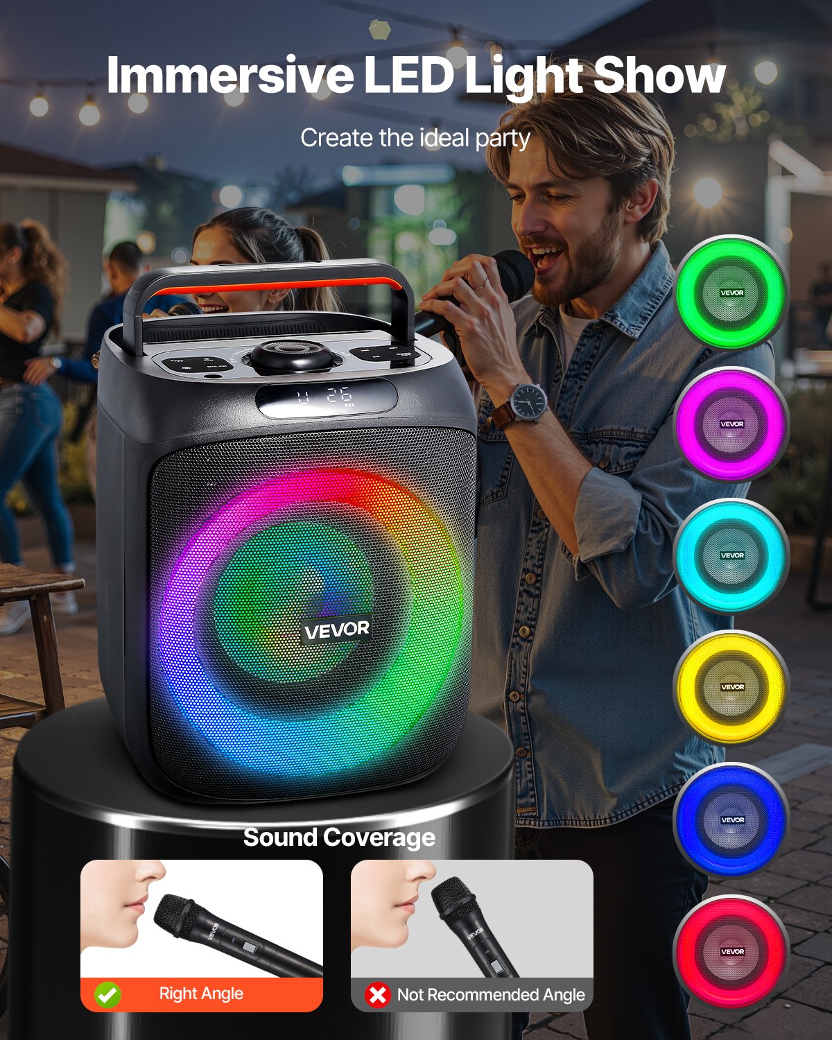 VEVOR Máquina de Karaoke para Adultos, 30 W Altavoz Bluetooth de 165,1 mm con 2 Micrófonos Inalámbricos, Luz LED, Función TWS, Asa, Compatible con Tarjeta Micro TF, USB, AUX para Karaoke en Casa