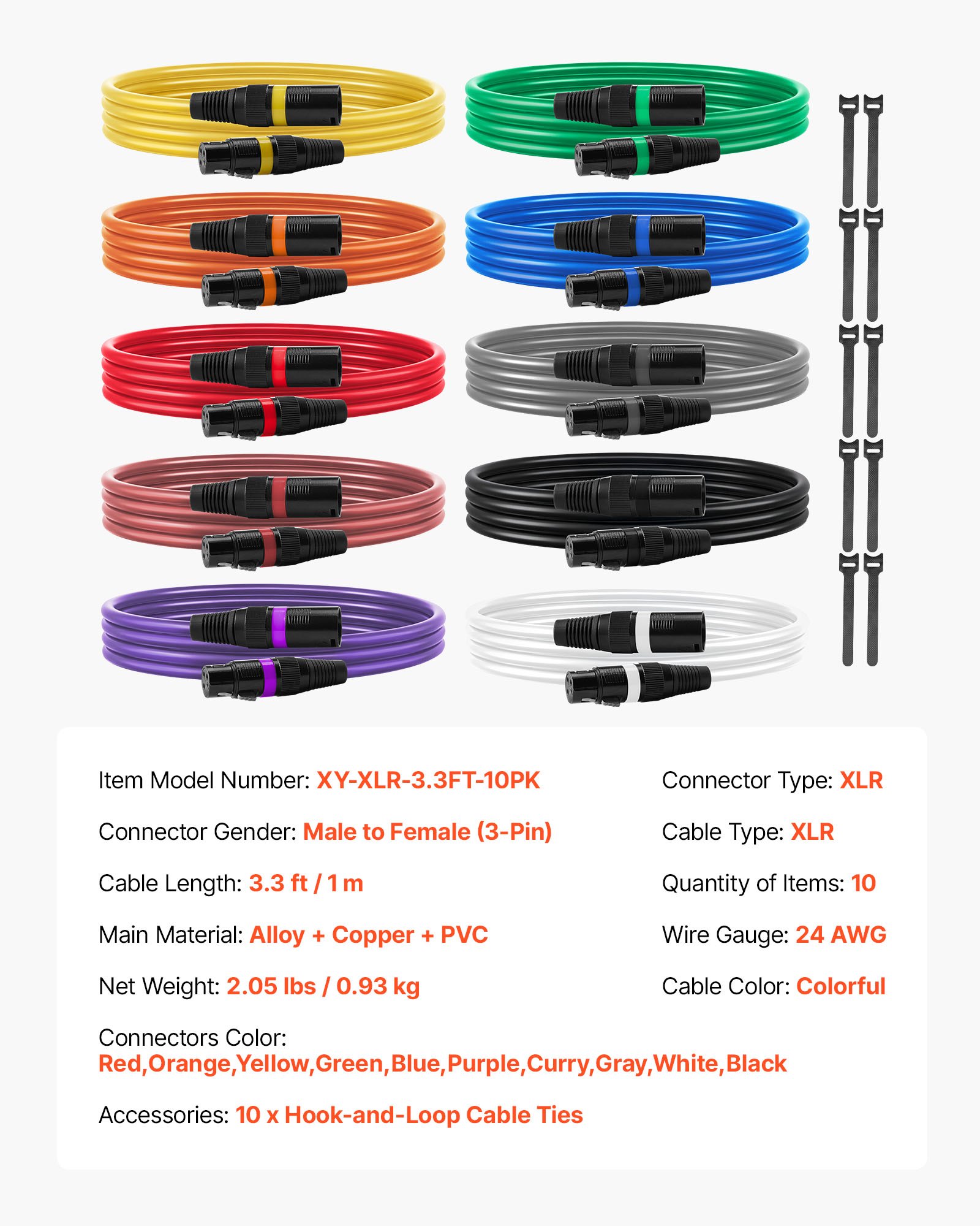 VEVOR XLR Cable 1 m, 10 Pack, Shielded Balanced DMX Male to Female Microphone Cables, Gold-Plated 3-Pin XLR Mic Speaker Cords Wires, for Stage Lighting, Microphones, Amplifier, Mixer, Speaker Systems