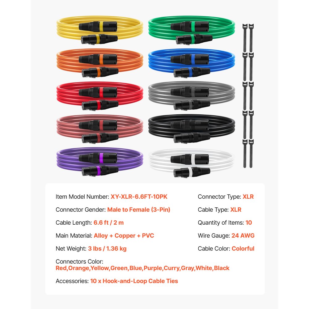 VEVOR Cable XLR 2 m, con Conector Macho a Hembra Balanceado para Micrófono y Altavoz DMX, 3 Pines Chapado en Oro para Iluminación de Escenario, Micrófonos, Amplificadores y Mezcladores, 10 uds