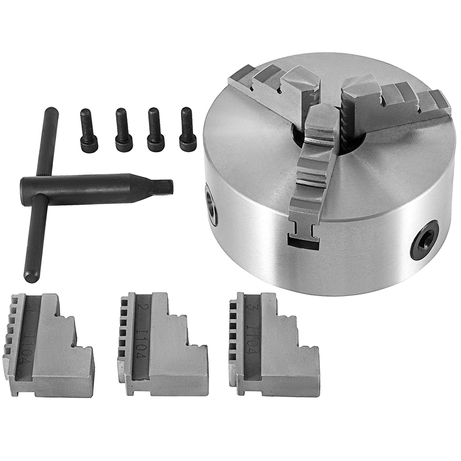 VEVOR K11-100 3- Mandril de Torno 100mm, con 2 Juegos de Mandíbulas Mandril, con 3 Mordazas Autocentrante, Mandril del Torno de Centrado Automático para Todo Tipo de Tornos de Uso General