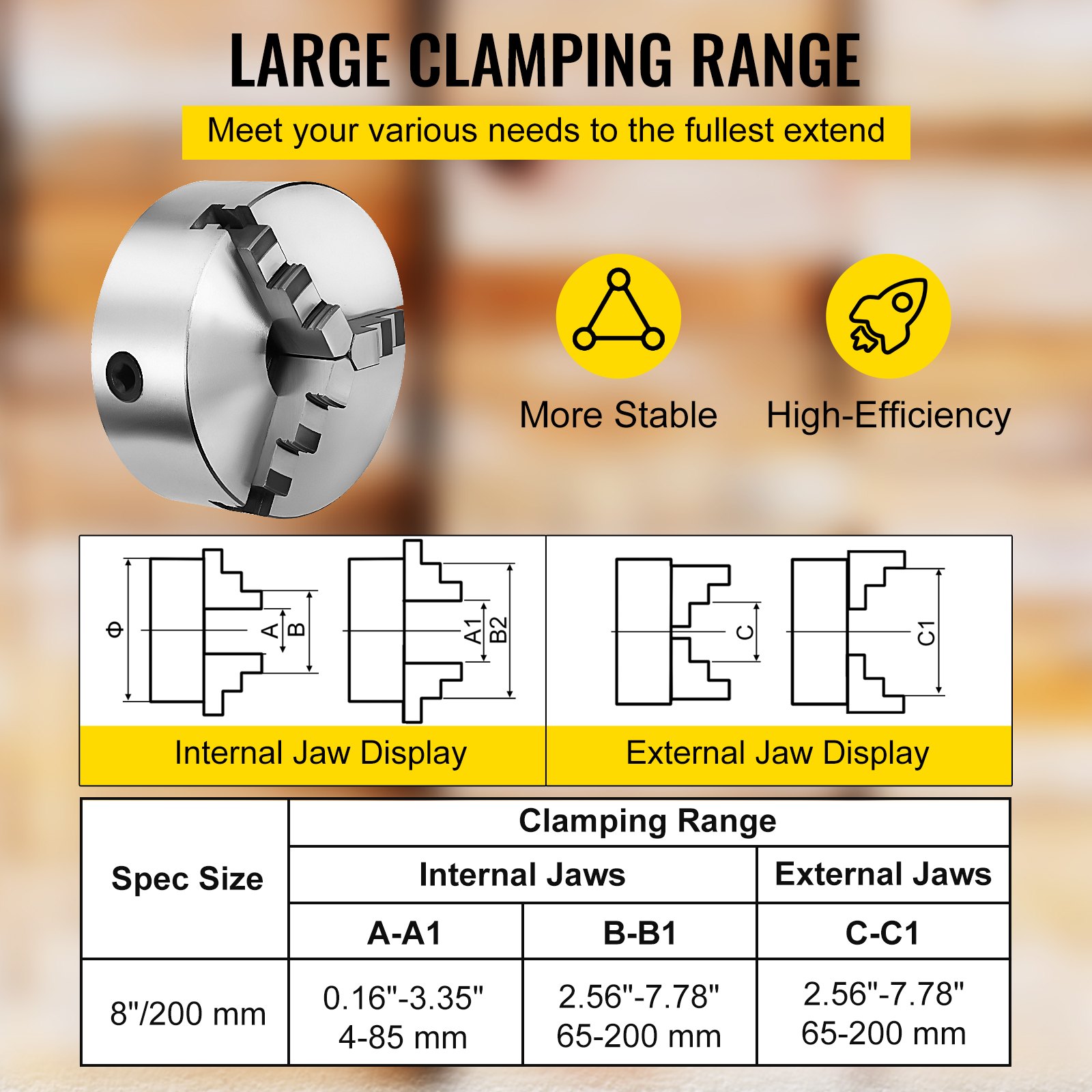VEVOR 3 Mordazas K11-200 Torno Portabrocas Autocentrante Reversible Acero Endurecido 200 mm, Mandíbula de Torno de Alta Resistencia Precisión y Adaptabilidad, Mandril del Torno Durable