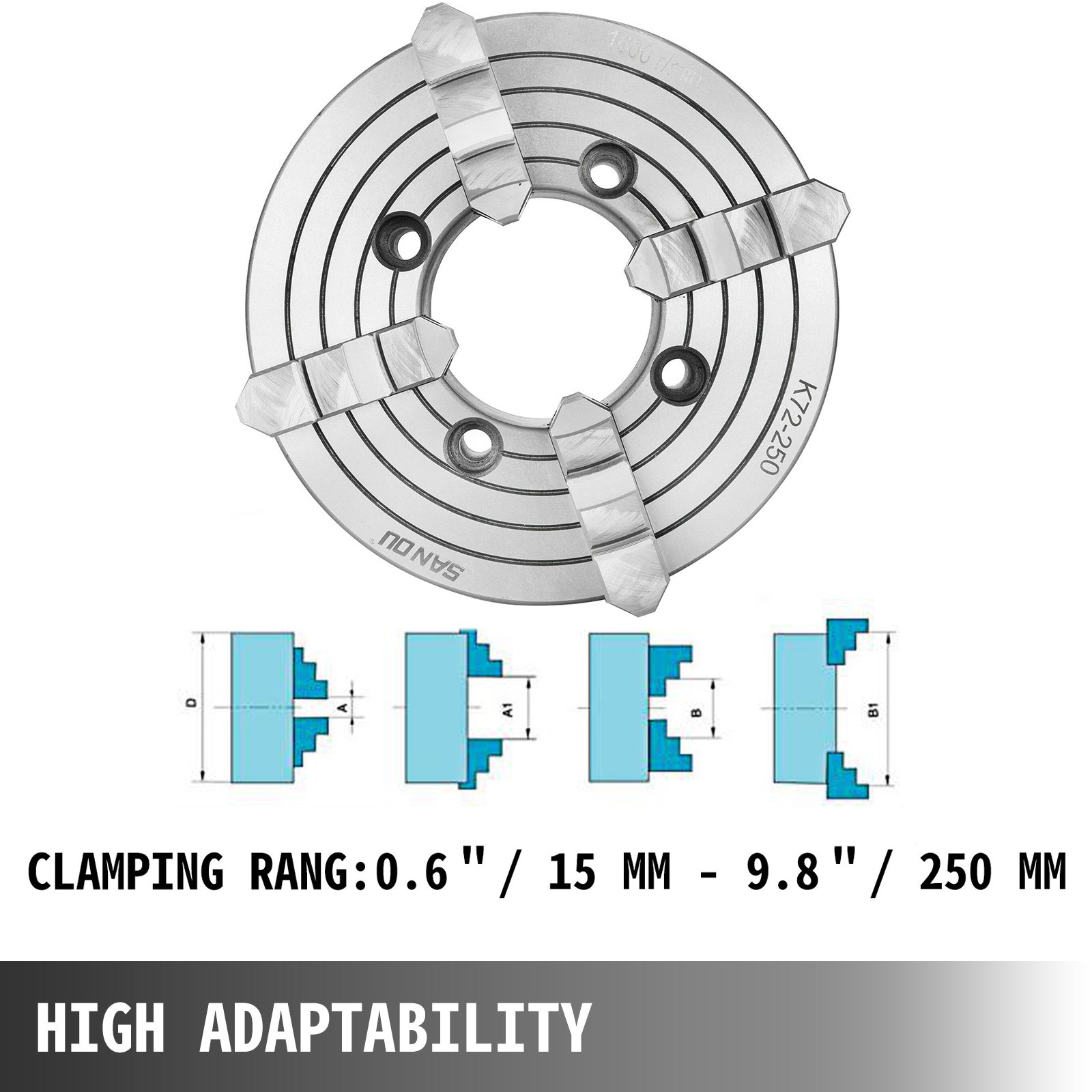 Portabrocas De Torno De 4 Mordazas Reversibles K72-250 Torno Chuck De 250mm
