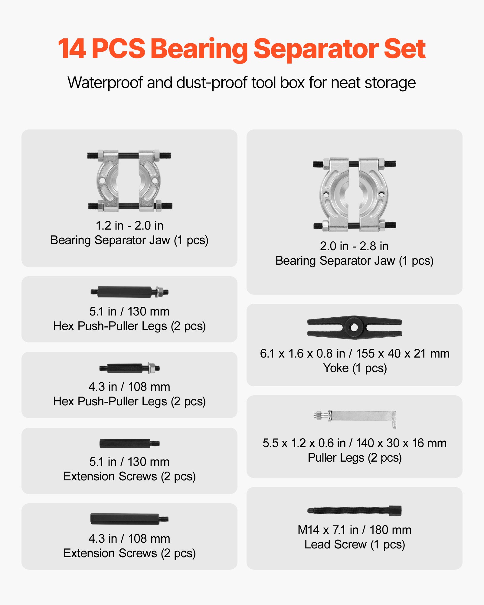VEVOR Kit Extractor de Rodamientos, 14 uds, Separador y Divisor de Rodamientos con Estuche, con Capacidad de 5 T, con Mordazas 50 a 70 mm, para Diversos Tamaños de Engranajes, Poleas y Volantes