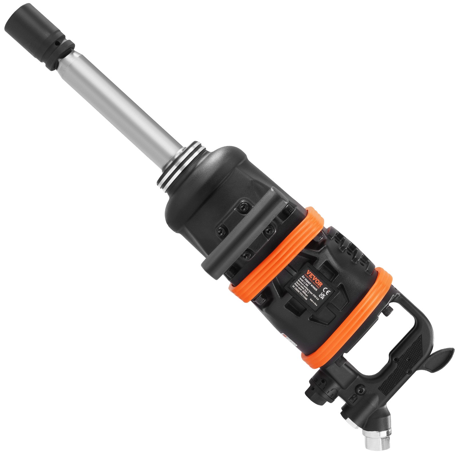 Llave de impacto neumática VEVOR negra y naranja con eje largo de metal y mango ergonómico.