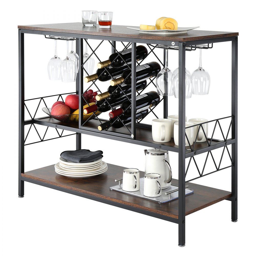 Mueble bar de vinos VEVOR con estantes para botellas de vino, copas colgantes y estantes para tazas y platos.