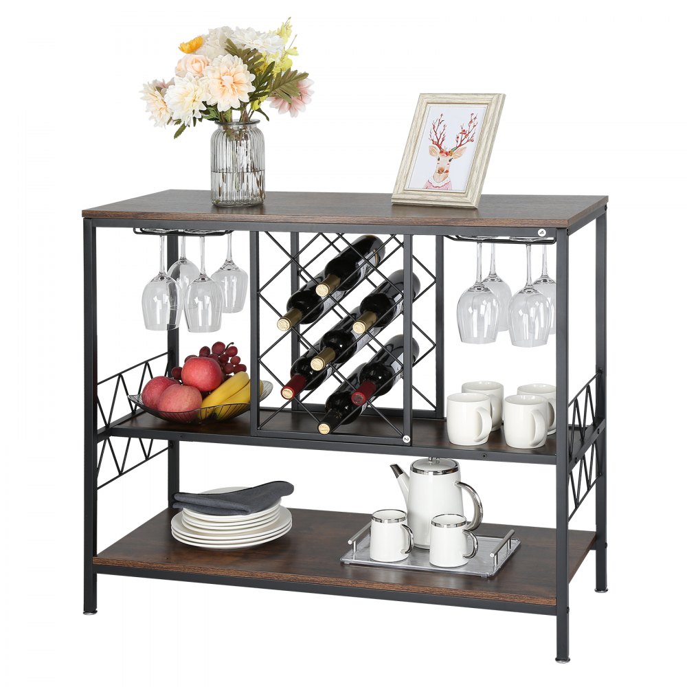 VEVOR Industrial Bar Cabinet, 1m Wine Table for Spirits and Glasses, Sideboard Buffet Cabinet with Glass Holder & Wine Rack, Freestanding Farmhouse Wood Bar Cabinet for Living Room Home Bar