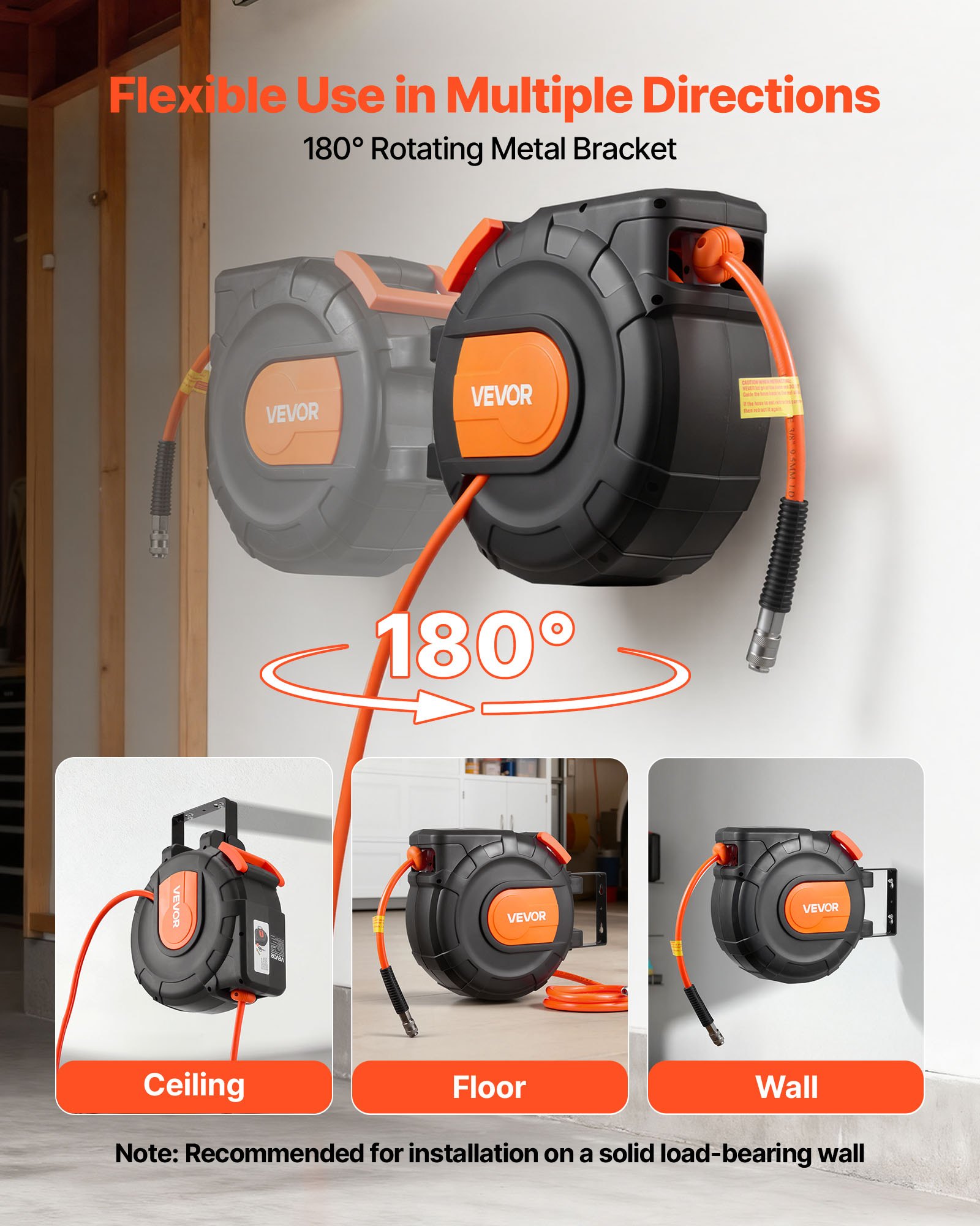 VEVOR Carrete de Manguera de Aire Retráctil 15 m x 9,5 mm, Manguera para Compresor de Aire Presión Máxima de 300 PSI, con Entrada de 1 m, Montaje en Techo o Pared Giratorio de 180°, para Garaje