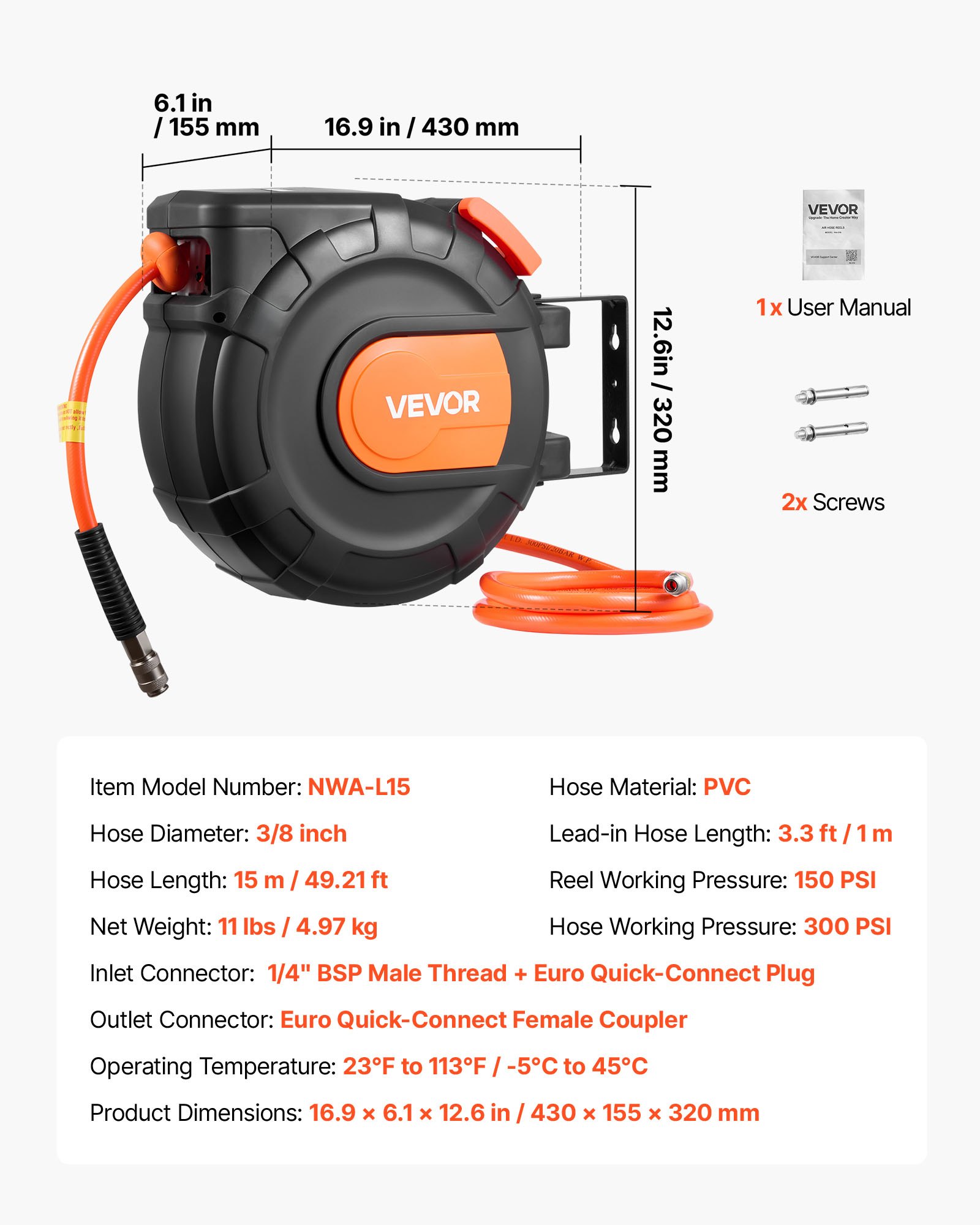 VEVOR Carrete de Manguera de Aire Retráctil 15 m x 9,5 mm, Manguera para Compresor de Aire Presión Máxima de 300 PSI, con Entrada de 1 m, Montaje en Techo o Pared Giratorio de 180°, para Garaje