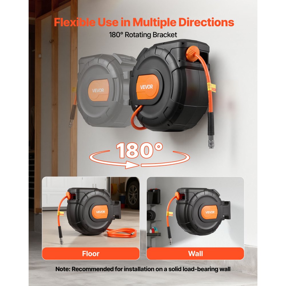VEVOR Carrete de Manguera de Aire Retráctil 30 m x 9,5 mm, Manguera para Compresor de Aire Presión Máxima de 300 PSI, con Entrada de 2 m, Montaje en Pared Giratorio de 180°, para Garaje, Taller