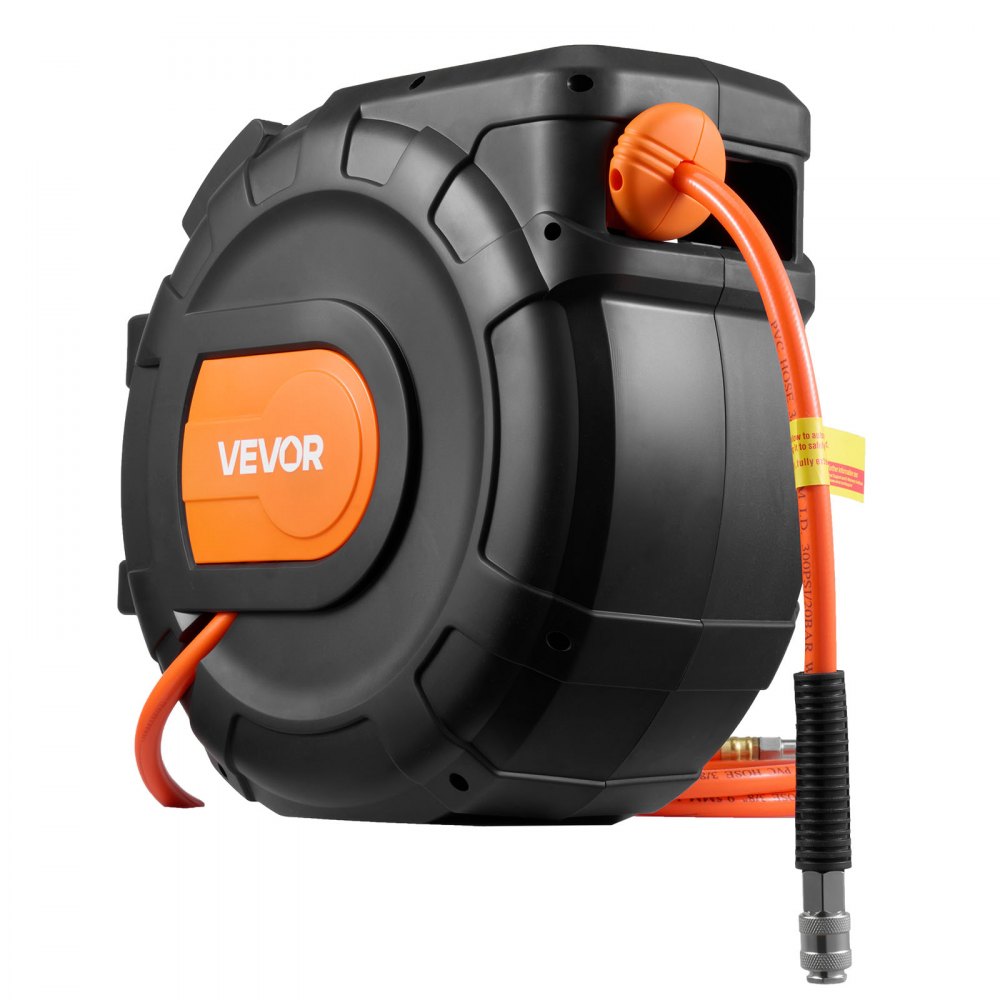 VEVOR Carrete de Manguera de Aire Retráctil 30 m x 9,5 mm, Manguera para Compresor de Aire Presión Máxima de 300 PSI, con Entrada de 2 m, Montaje en Pared Giratorio de 180°, para Garaje, Taller