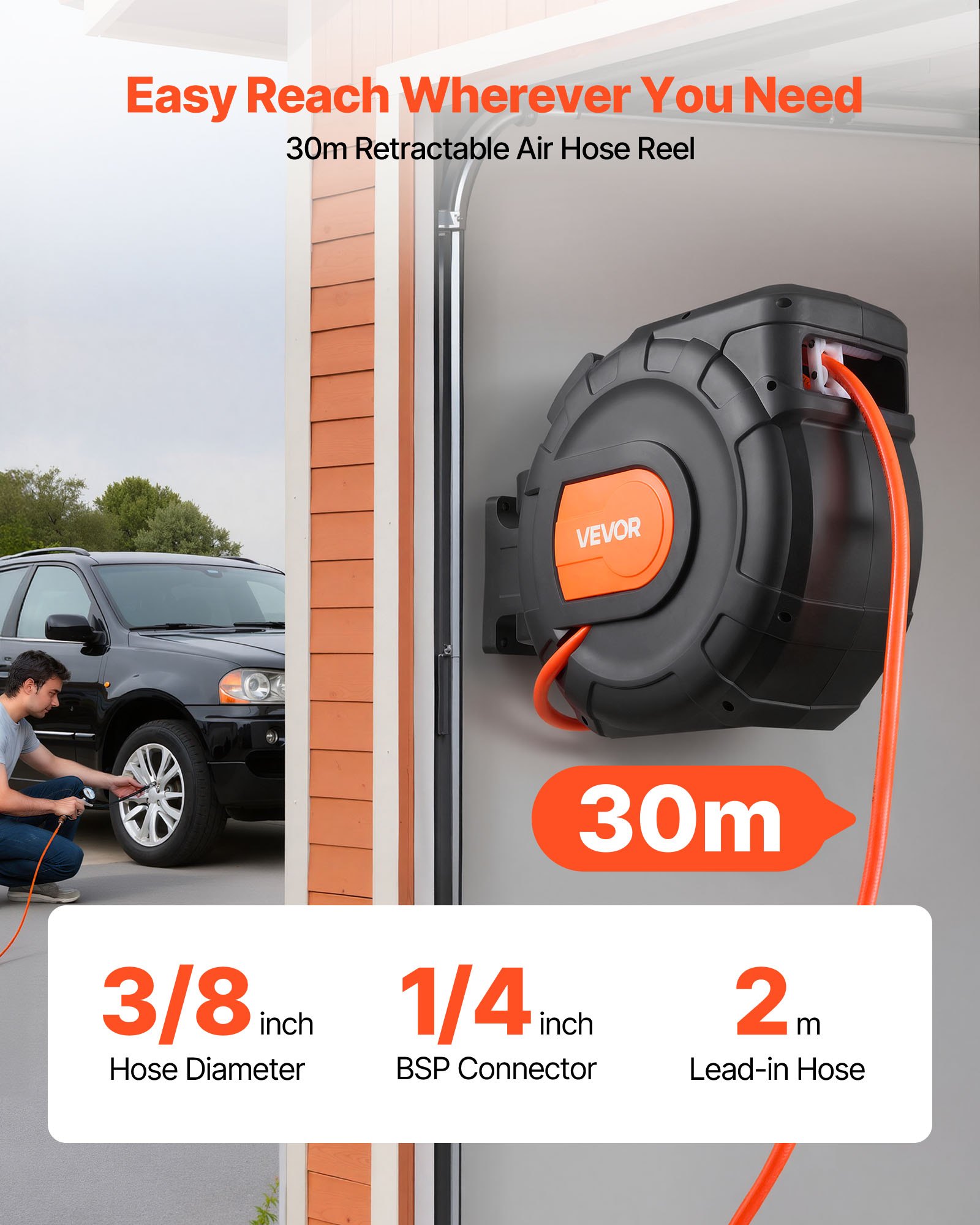 VEVOR Carrete de Manguera de Aire Retráctil 30 m x 9,5 mm, Manguera para Compresor de Aire Presión Máxima de 300 PSI, con Entrada de 2 m, Montaje en Pared Giratorio de 180°, para Garaje, Taller