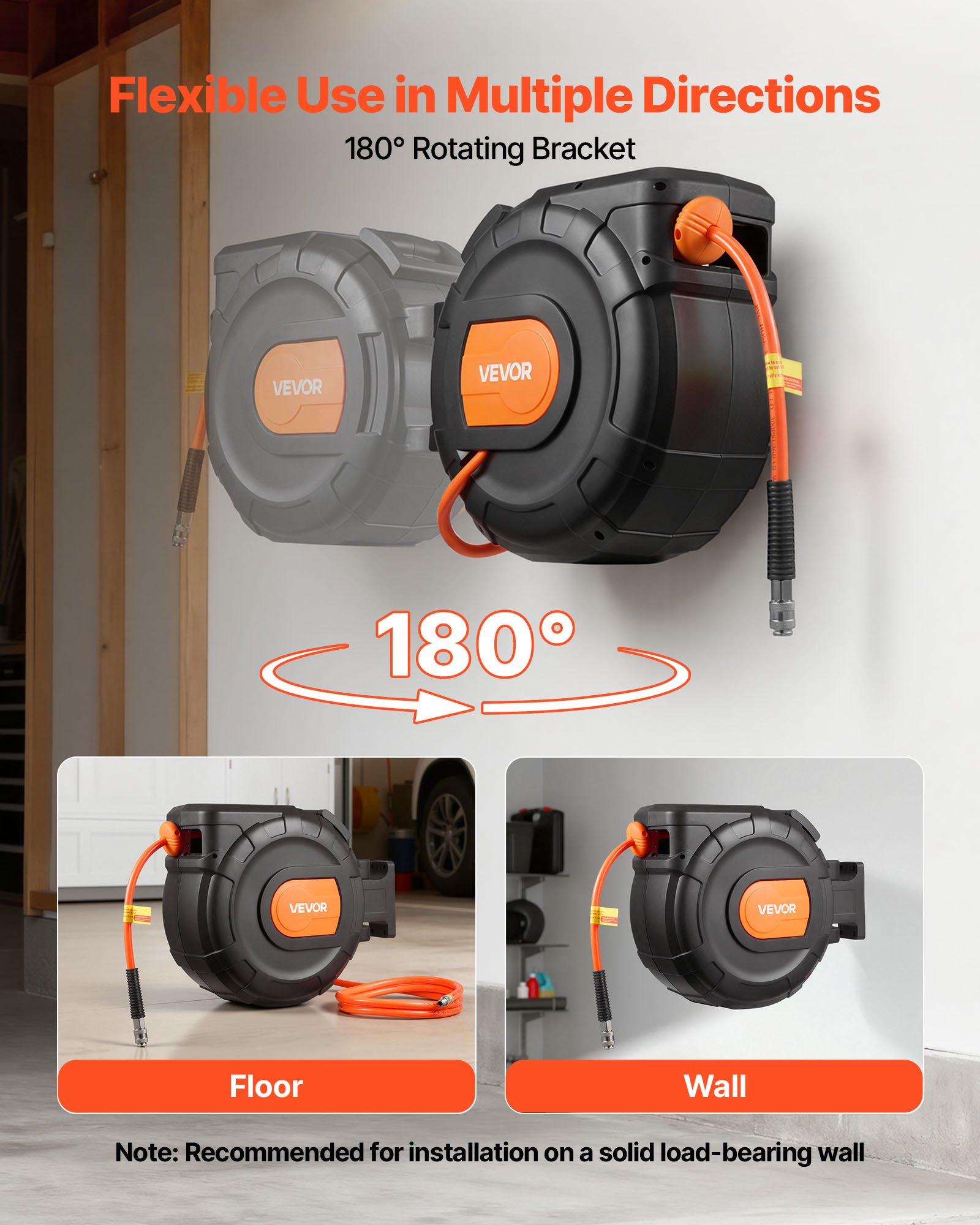 VEVOR Carrete de Manguera de Aire Retráctil 30 m x 9,5 mm, Manguera para Compresor de Aire Presión Máxima de 300 PSI, con Entrada de 2 m, Montaje en Pared Giratorio de 180°, para Garaje, Taller