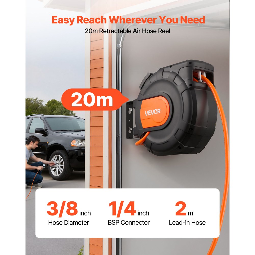 VEVOR Carrete de Manguera de Aire Retráctil 20 m x 9,5 mm, Manguera para Compresor de Aire Presión Máxima de 300 PSI, con Entrada de 2 m, Montaje en Techo o Pared Giratorio de 180°, para Garaje