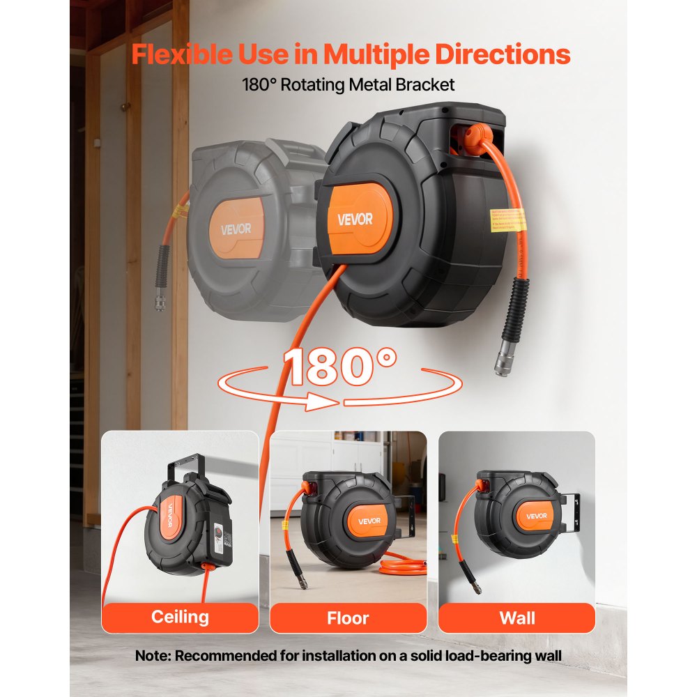 VEVOR Carrete de Manguera de Aire Retráctil 20 m x 9,5 mm, Manguera para Compresor de Aire Presión Máxima de 300 PSI, con Entrada de 2 m, Montaje en Techo o Pared Giratorio de 180°, para Garaje