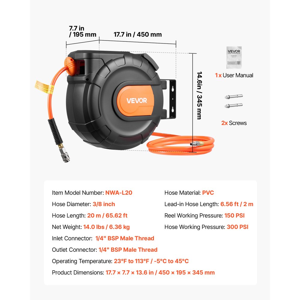VEVOR Carrete de Manguera de Aire Retráctil 20 m x 9,5 mm, Manguera para Compresor de Aire Presión Máxima de 300 PSI, con Entrada de 2 m, Montaje en Techo o Pared Giratorio de 180°, para Garaje