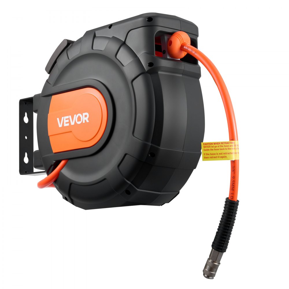 VEVOR Carrete de Manguera de Aire Retráctil 20 m x 9,5 mm, Manguera para Compresor de Aire Presión Máxima de 300 PSI, con Entrada de 2 m, Montaje en Techo o Pared Giratorio de 180°, para Garaje