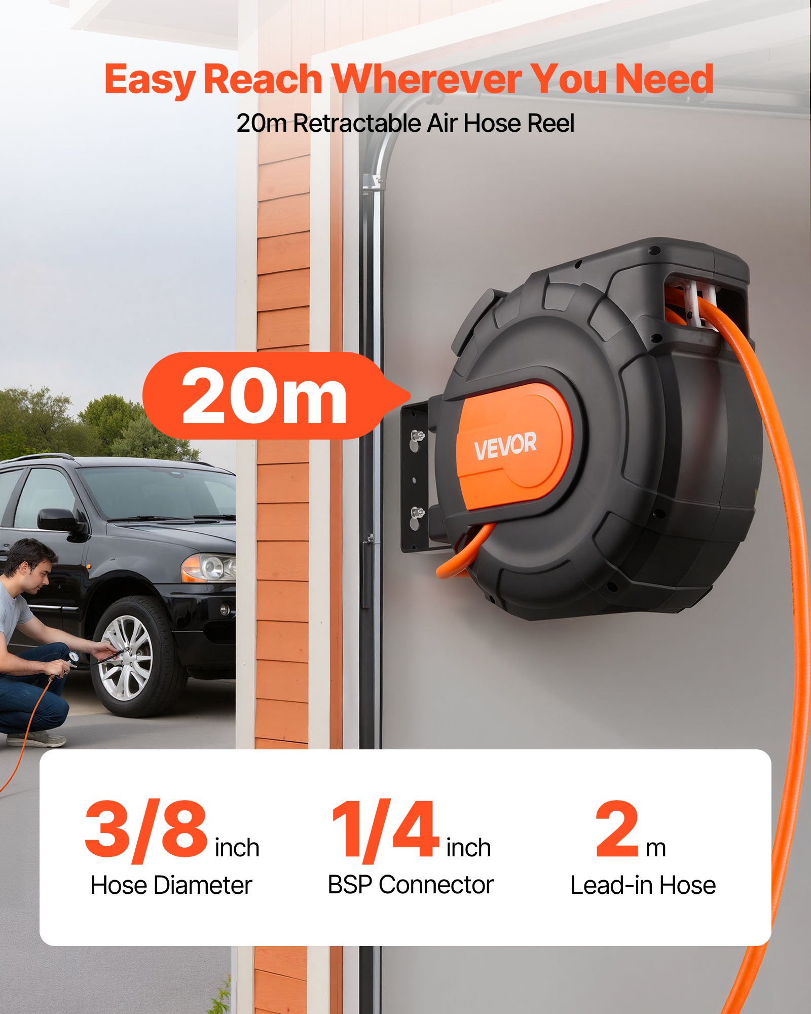 VEVOR Carrete de Manguera de Aire Retráctil 20 m x 9,5 mm, Manguera para Compresor de Aire Presión Máxima de 300 PSI, con Entrada de 2 m, Montaje en Techo o Pared Giratorio de 180°, para Garaje