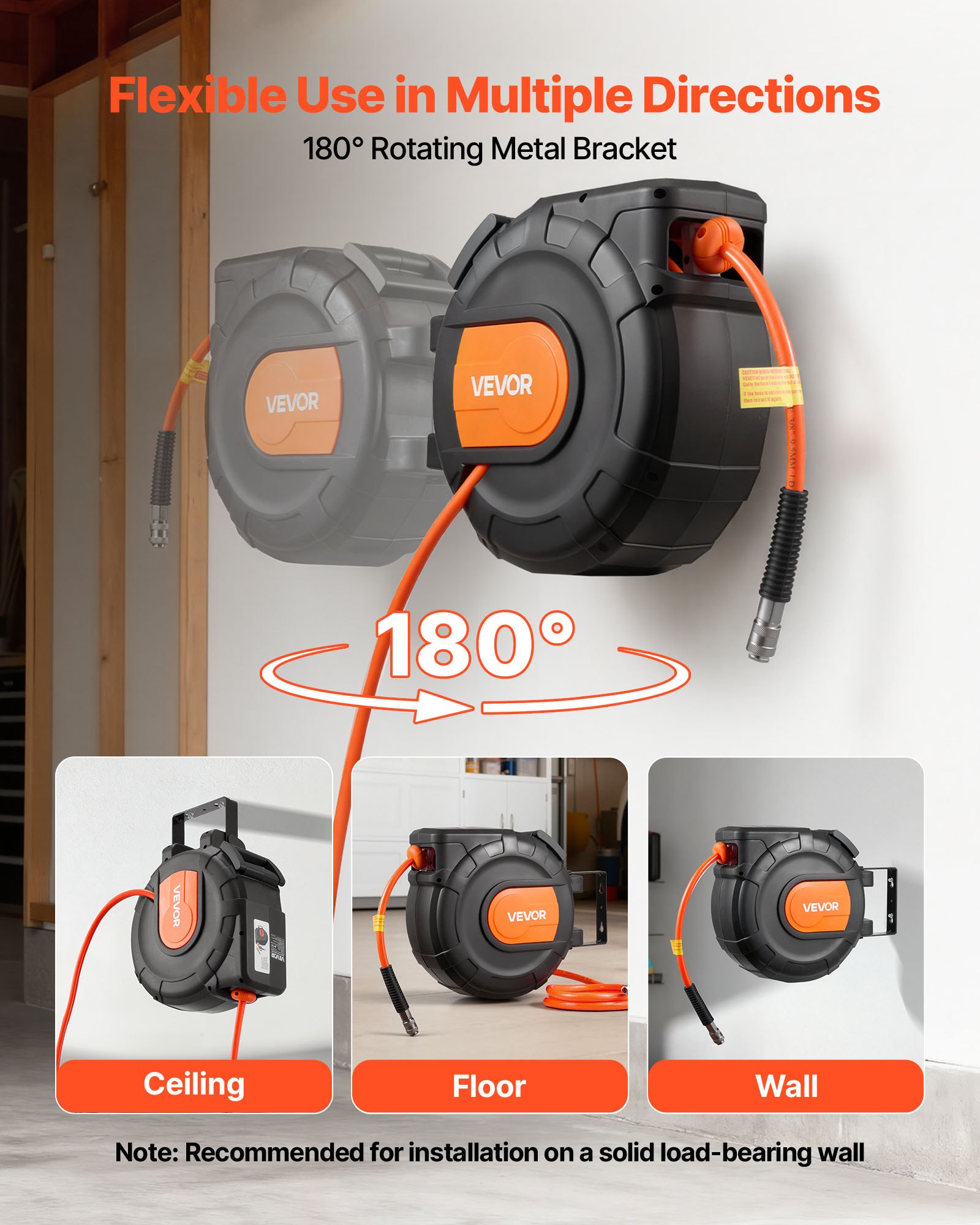 VEVOR Carrete de Manguera de Aire Retráctil 20 m x 9,5 mm, Manguera para Compresor de Aire Presión Máxima de 300 PSI, con Entrada de 2 m, Montaje en Techo o Pared Giratorio de 180°, para Garaje