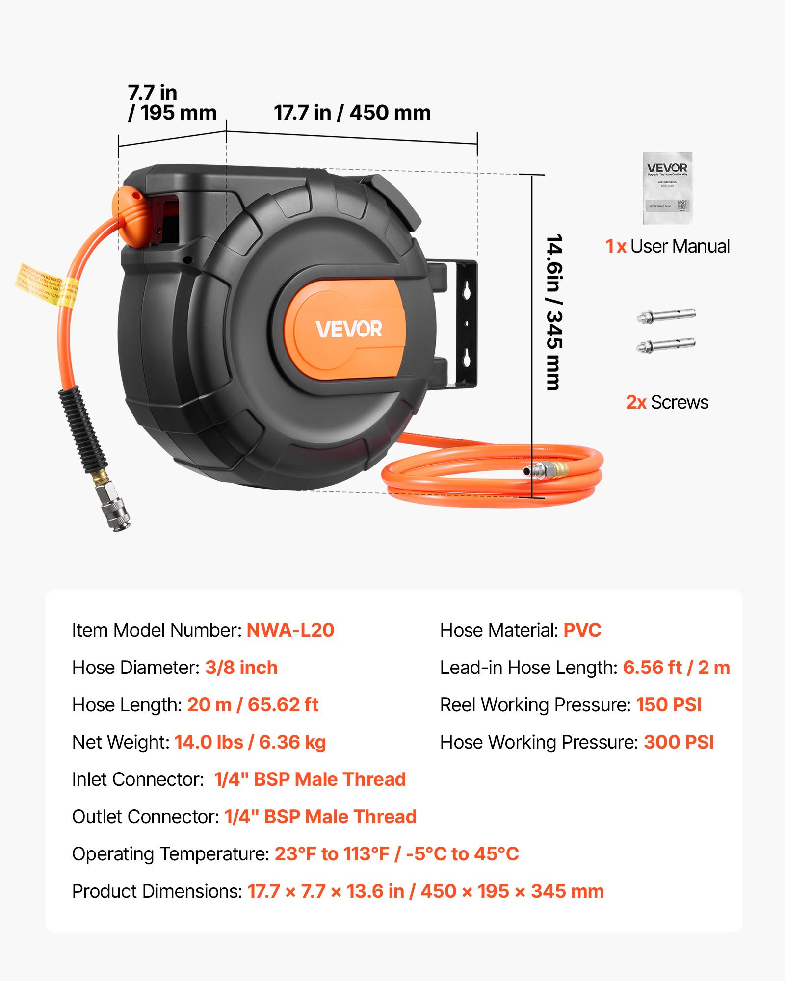 VEVOR Carrete de Manguera de Aire Retráctil 20 m x 9,5 mm, Manguera para Compresor de Aire Presión Máxima de 300 PSI, con Entrada de 2 m, Montaje en Techo o Pared Giratorio de 180°, para Garaje