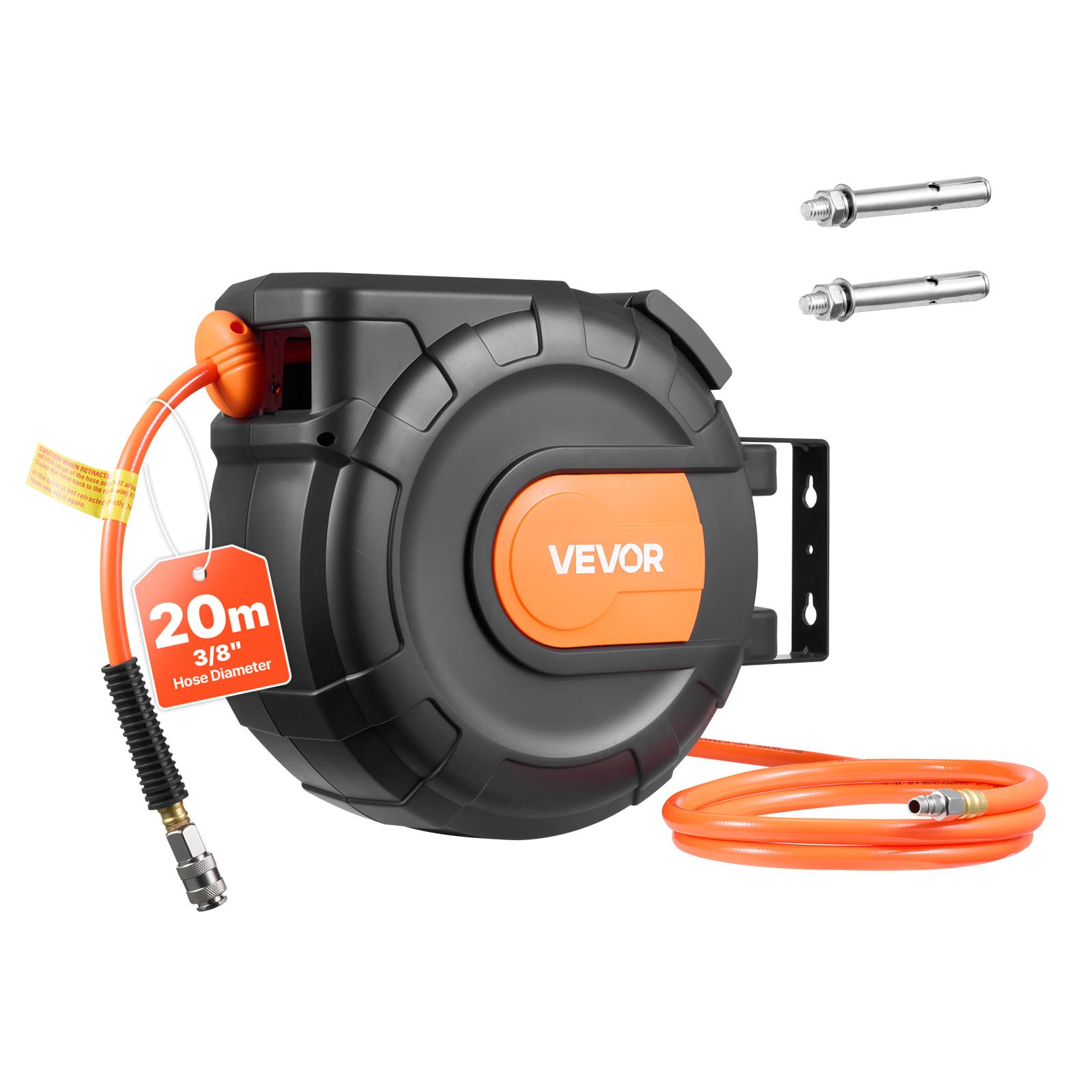 VEVOR Carrete de Manguera de Aire Retráctil 20 m x 9,5 mm, Manguera para Compresor de Aire Presión Máxima de 300 PSI, con Entrada de 2 m, Montaje en Techo o Pared Giratorio de 180°, para Garaje