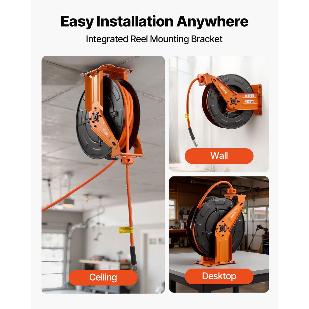 VEVOR Carrete de Manguera de Aire Retráctil 15 m x 9,5 mm, Manguera para Compresor de Aire Presión Máxima de 300 PSI, con Entrada de 1,52 m, Brazo Doble para Montaje en Techo o Pared, para Taller